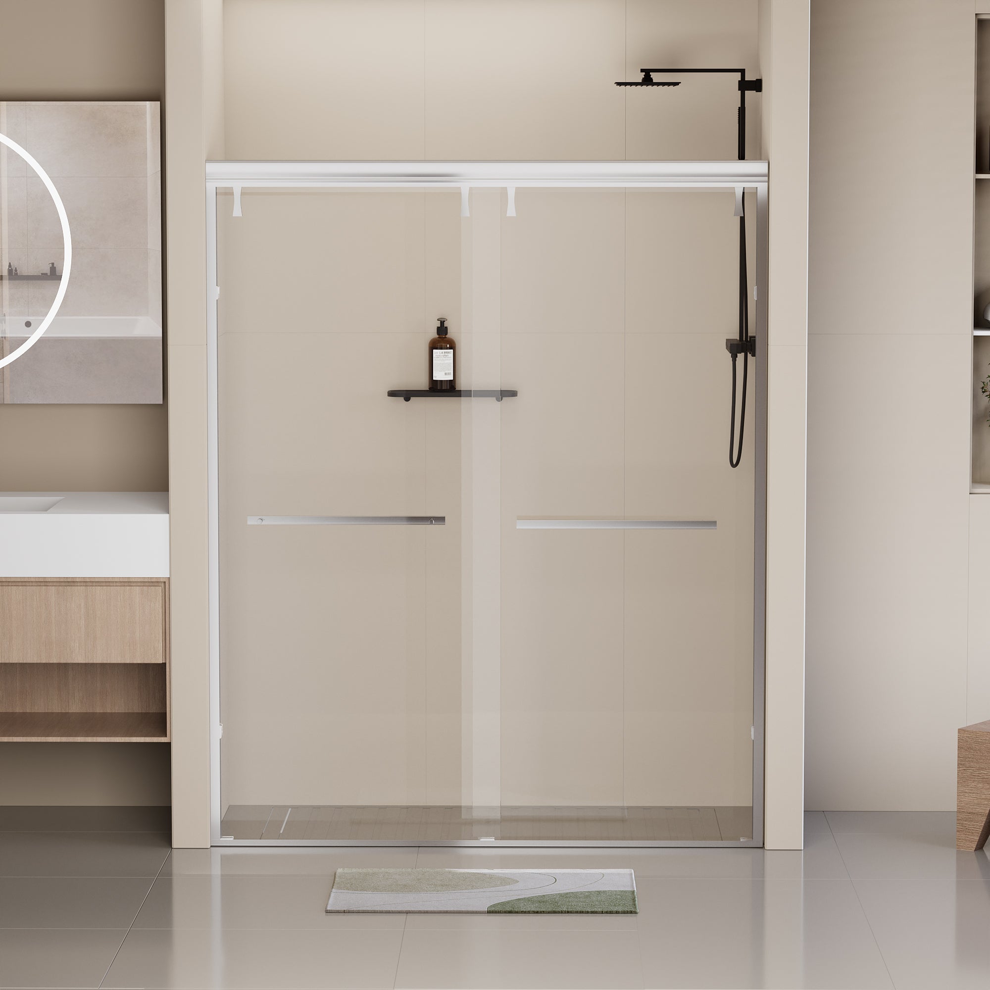 56 60 In. W X 76 In. H Semi Frameless Shower Door, Double Sliding Shower Door, 5 16" 8Mm Clear Tempered Glass Shower Door With Explosion Proof Film, Chrome 24D212 60C Combo Chrome Bathroom Aluminium Alloy