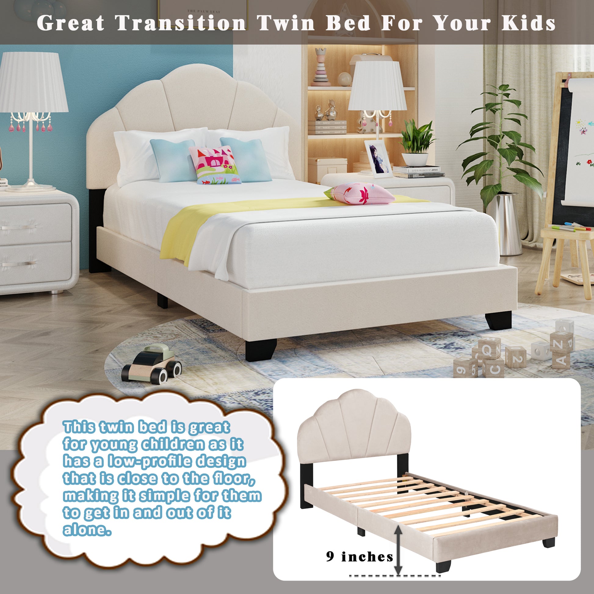 Upholstered Twin Size Platform Bed For Kids, Wooden Bed Frame With Slatted Bed Base, No Box Spring Needed, Cute Bed Frame With Shell Design Headboard For Girls Boys Teens, Beige Box Spring Not Required Twin Beige Wood Kids Velvet Acacia Wood