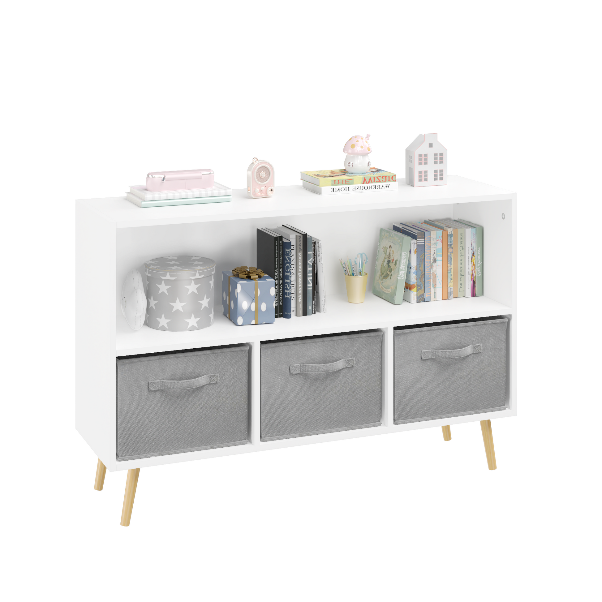 Kids Bookcase With Collapsible Fabric Drawers, Children'S Book Display, Toy Storage Cabinet Organizer, White Gray White Gray Mdf