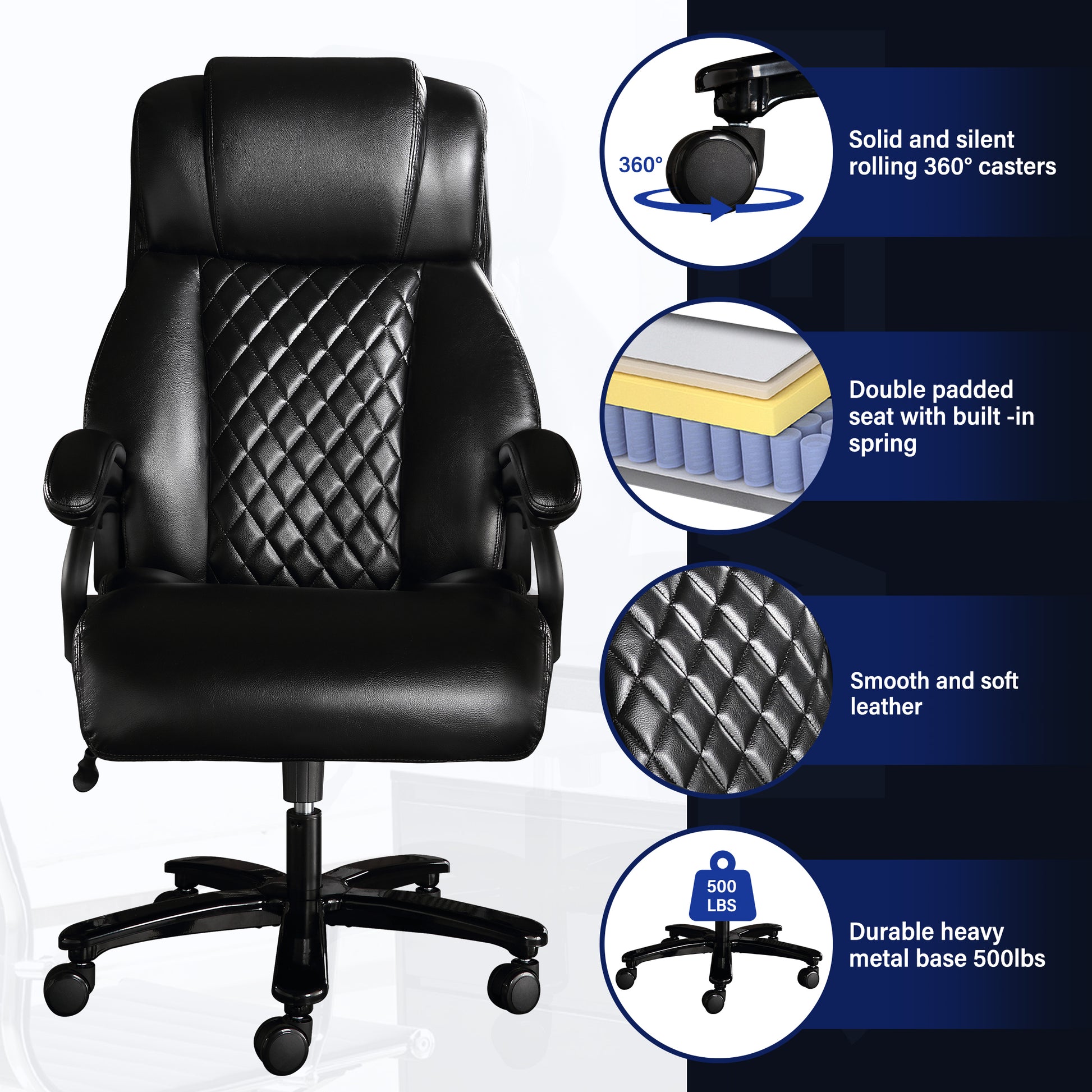 Big And Tall Office Chair, 500Lbs High Back Large Executive Chair With Electric Airbag Heating High Back Computer Chair With Wide Seat, Black Ergonomic Leather Rocking Chair Black Leather