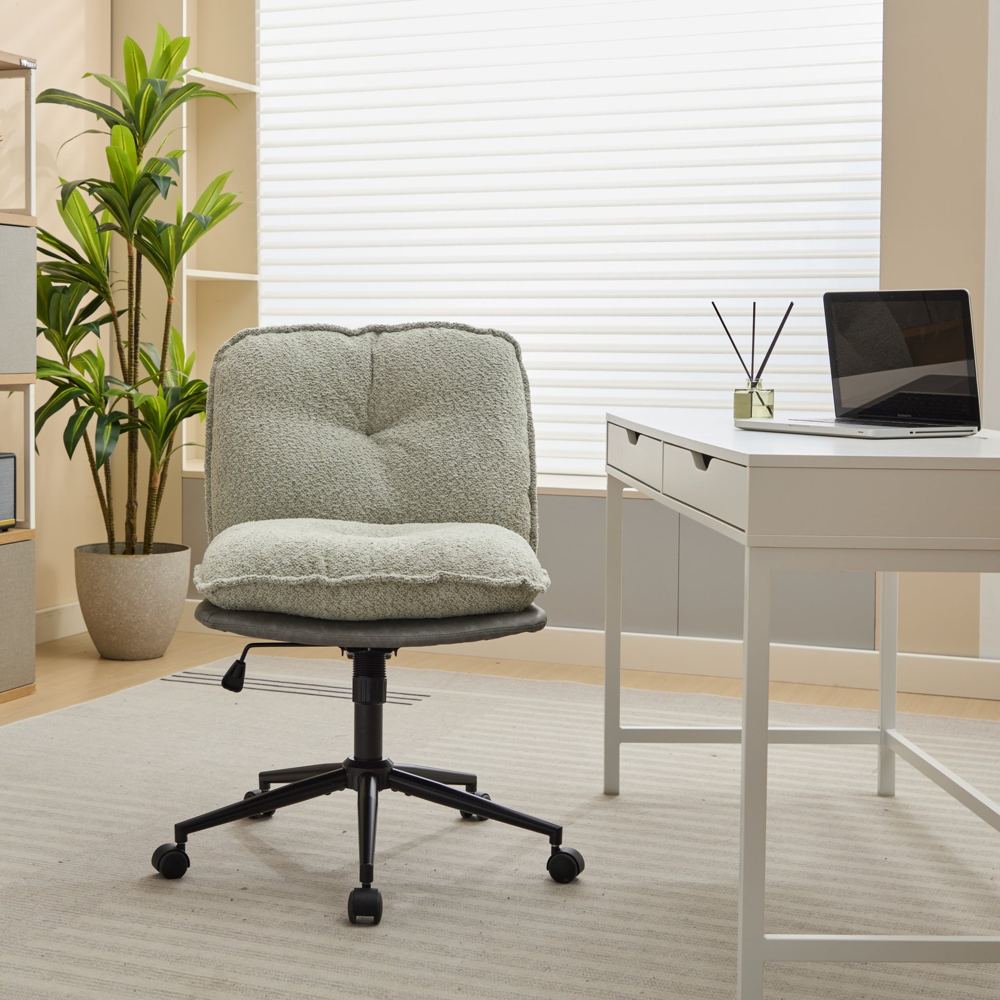 Oversize Seat Cirss Cross Chair With Wheels, Elegant Design Computer Chair, Adjustable Height 360 Rolling Swivel Home Office Chair For Small Space, Dressing Room, Living Room Gray Green Gray Primary Living Space Casual Foam Pu Leather