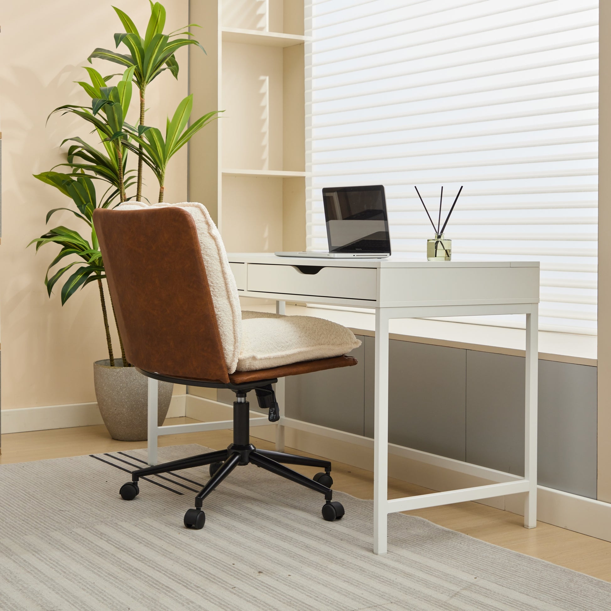 Oversize Seat Cirss Cross Chair With Wheels, Elegant Design Computer Chair, Adjustable Height 360 Rolling Swivel Home Office Chair For Small Space, Dressing Room, Living Room Brown White Dark Brown White Primary Living Space Casual Foam Pu Leather