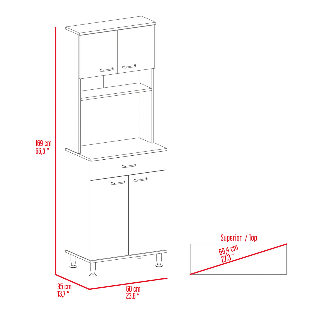 Pantry Cabinet 67" H, Four Doors, One Drawer, Three Internal Shelves, 2 External Storage Shelves, Microwave Storage Option, Four Legs, White White Particle Board Particle Board