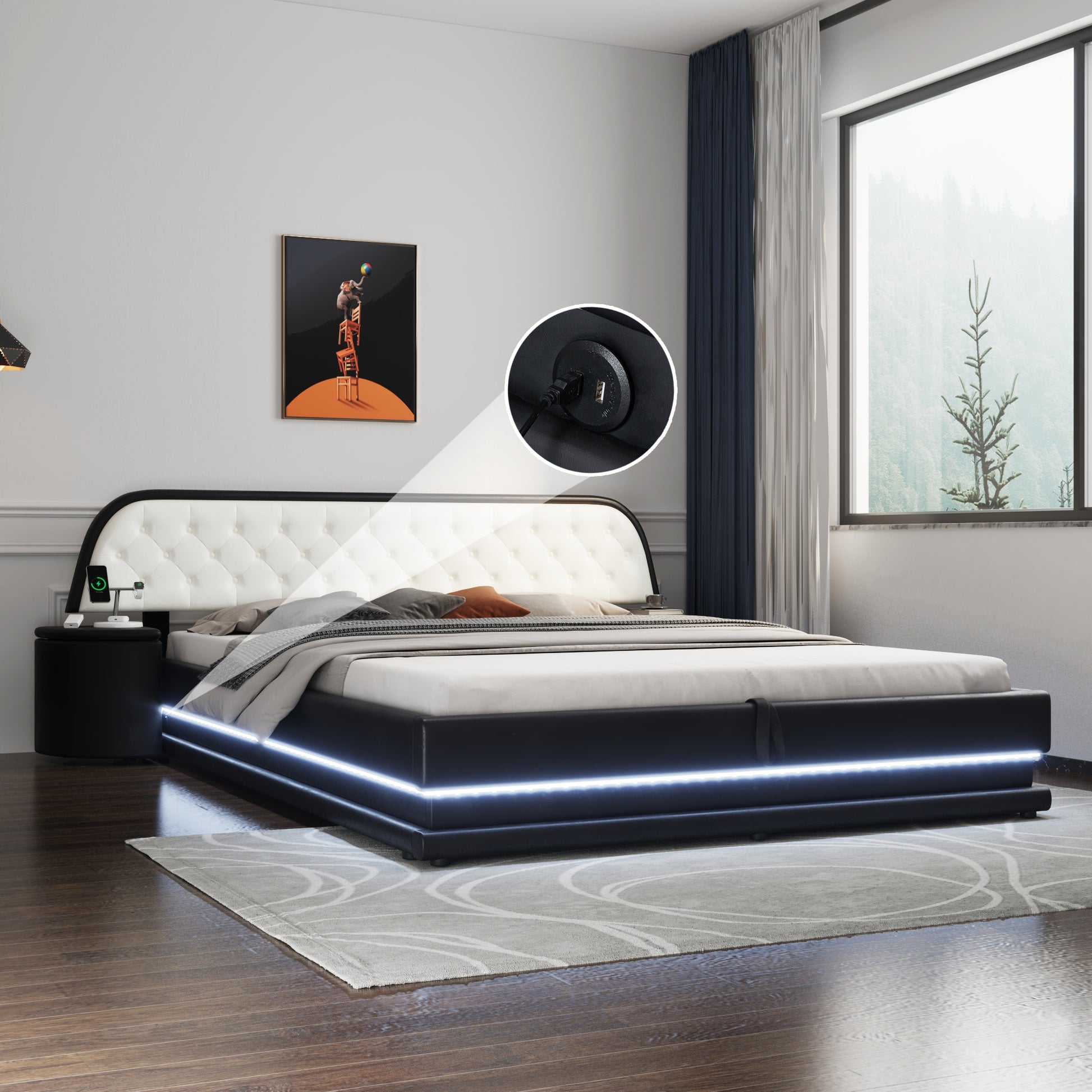 Queen Size Storage Upholstered Tufted Hydraulic Platform Bed With 2 Nightstands And Usb, Black Box Spring Not Required Queen Black Wood Bedroom Bed Frame Faux Leather Upholstered