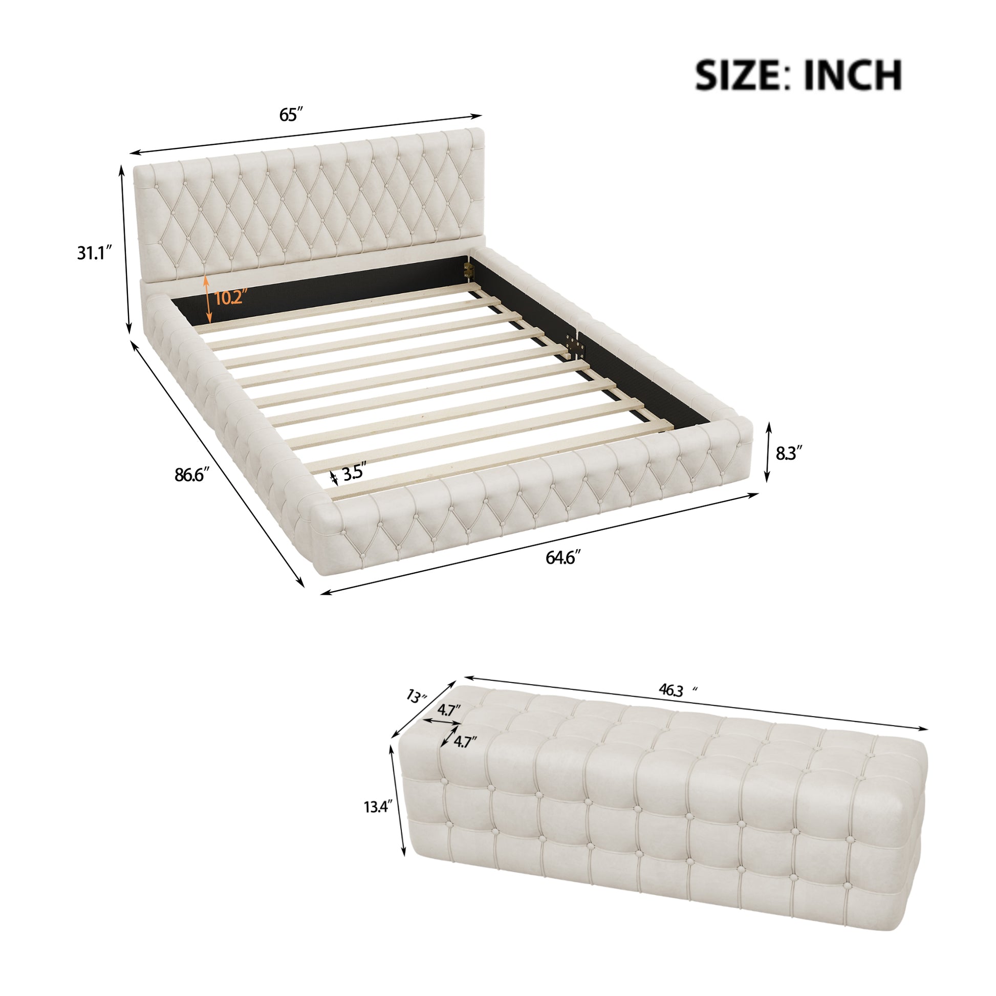 2 Pieces Bedroom Sets Queen Size Upholstered Bed With Rectangular Upholstered Ottoman For Bedroom,White Queen White 2 Piece Set Solid Wood Mdf