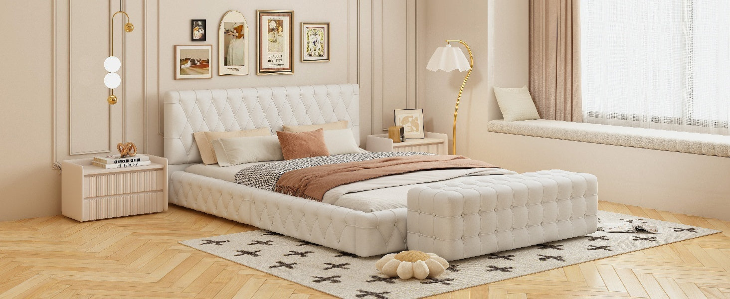 2 Pieces Bedroom Sets Queen Size Upholstered Bed With Rectangular Upholstered Ottoman For Bedroom,White Queen White 2 Piece Set Solid Wood Mdf