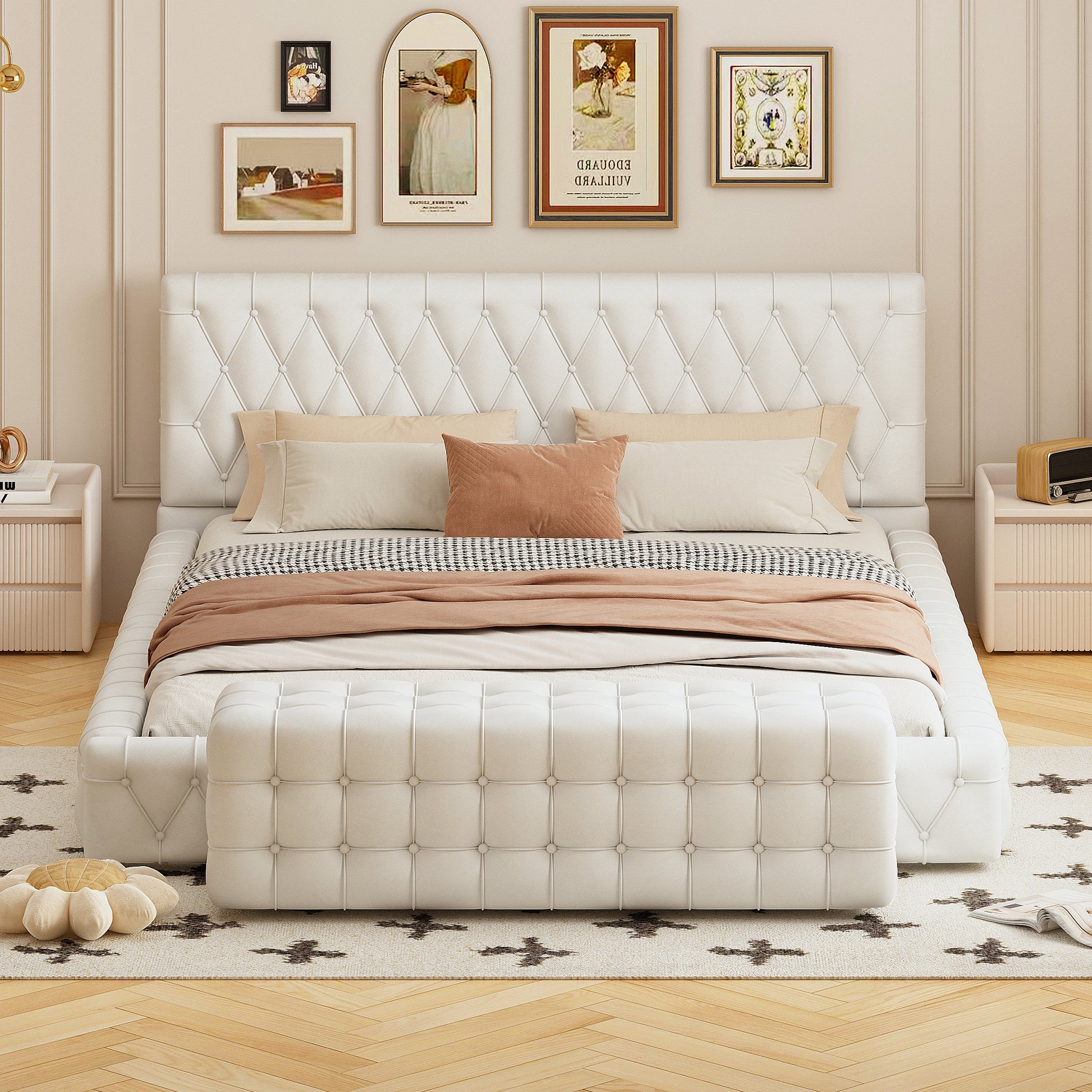 2 Pieces Bedroom Sets Queen Size Upholstered Bed With Rectangular Upholstered Ottoman For Bedroom,White Queen White 2 Piece Set Solid Wood Mdf