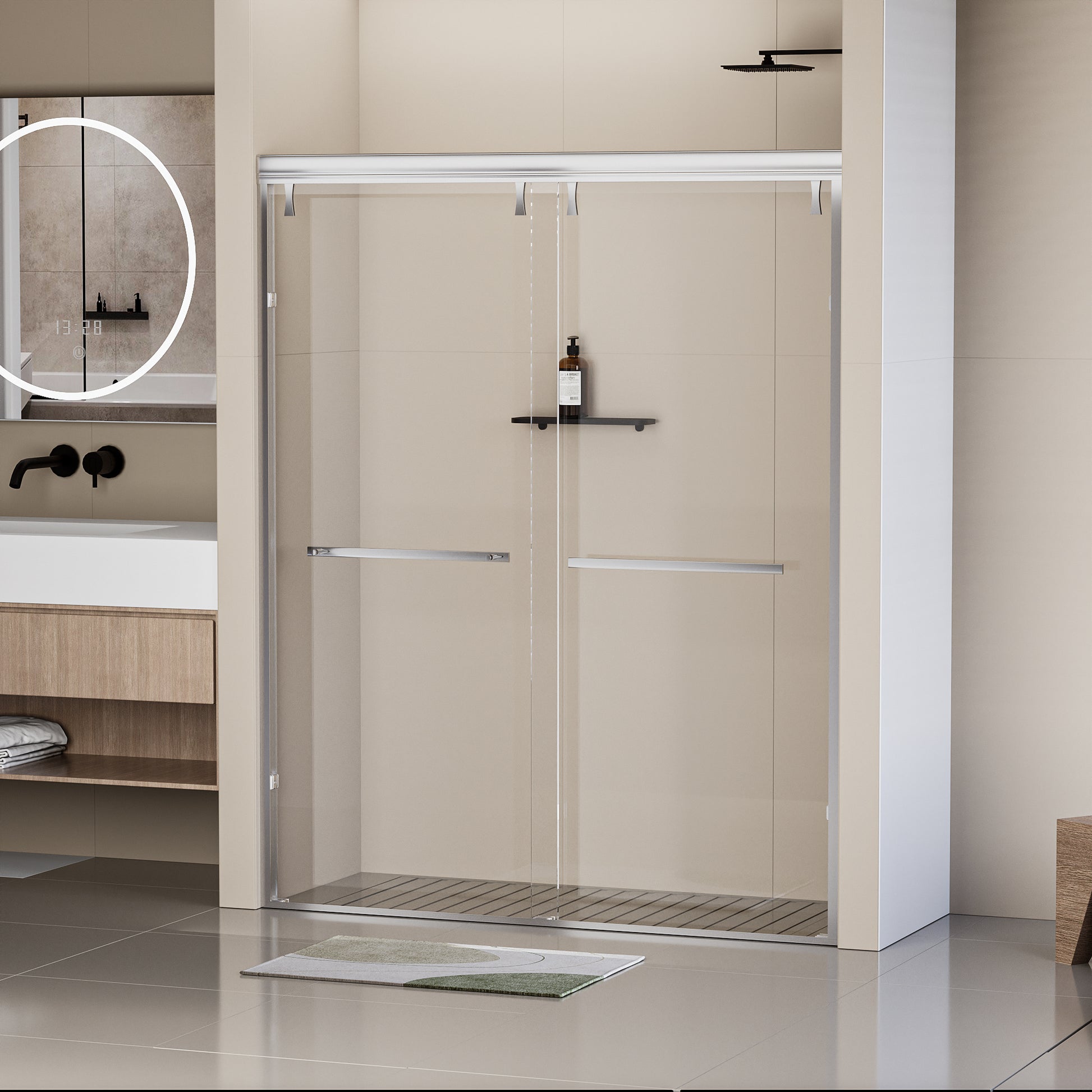 56 60 In. W X 76 In. H Semi Frameless Shower Door, Double Sliding Shower Door, 5 16" 8Mm Clear Tempered Glass Shower Door With Explosion Proof Film, Chrome 24D212 60C Chrome Bathroom Stainless Steel