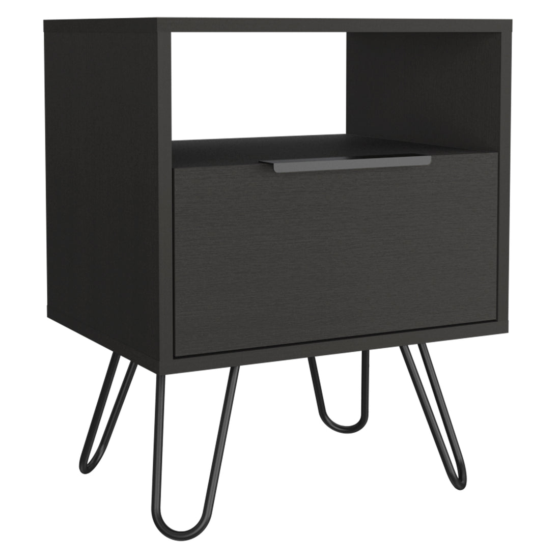 Nightstand 22"H, One Open Shelf, Single Door Cabient, Hairpin Legs, Black Black Particle Board Particle Board