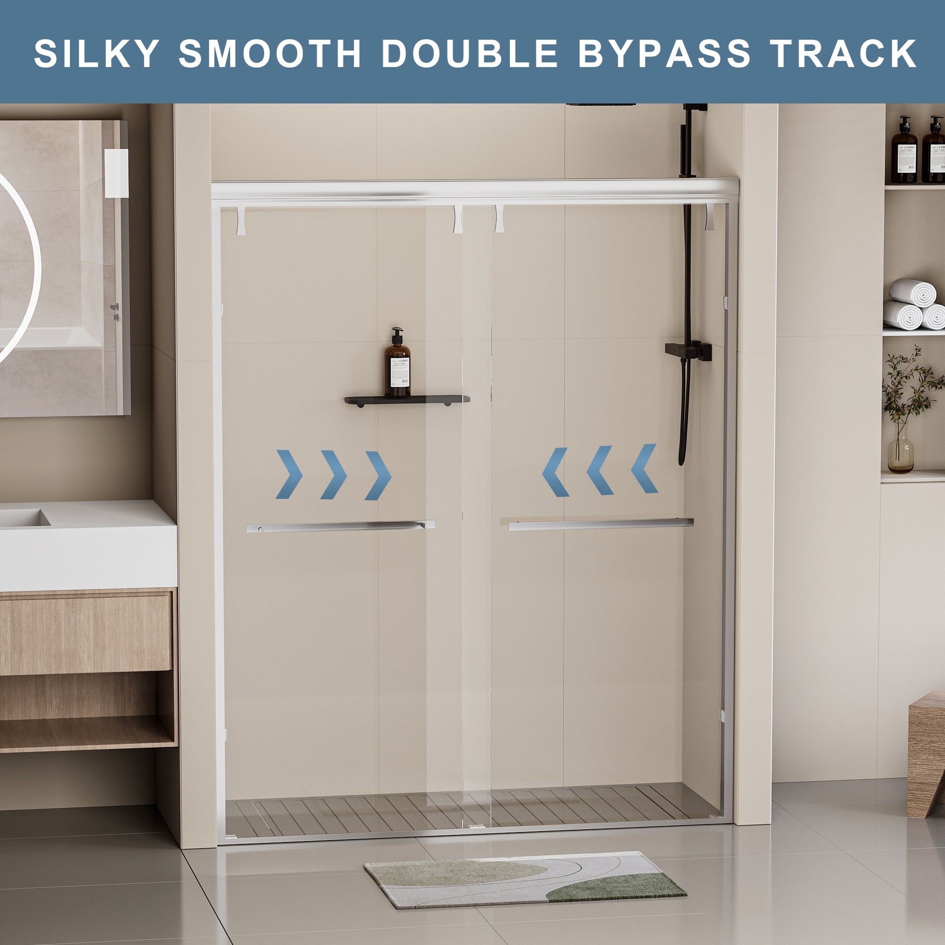 56 60 In. W X 76 In. H Semi Frameless Shower Door, Double Sliding Shower Door, 5 16" 8Mm Clear Tempered Glass Shower Door With Explosion Proof Film, Chrome 24D212 60C Chrome Bathroom Stainless Steel