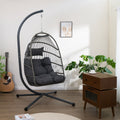 Outdoor Egg Hanging Chair With Stand, Patio Wicker Swing Egg Chair Indoor Swinging Chair Outdoor Hammock Egg Chair Black Gray Rust Resistant Frame Mildew Resistant Cushion Garden & Outdoor Modern Polyester Pe Rattan Iron Waterproof Fabric