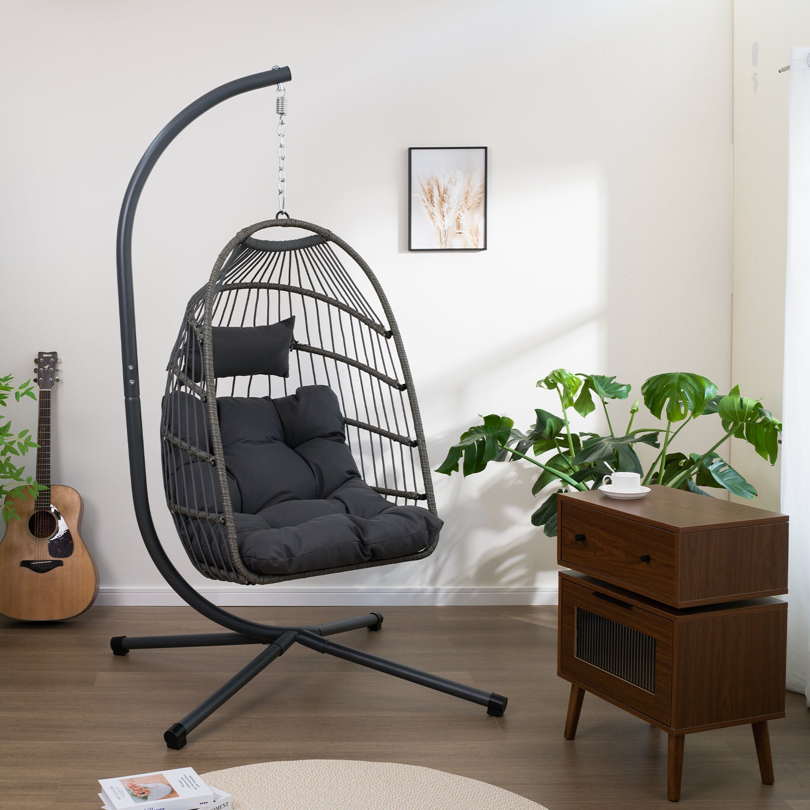 Outdoor Egg Hanging Chair With Stand, Patio Wicker Swing Egg Chair Indoor Swinging Chair Outdoor Hammock Egg Chair Black Gray Rust Resistant Frame Mildew Resistant Cushion Garden & Outdoor Modern Polyester Pe Rattan Iron Waterproof Fabric