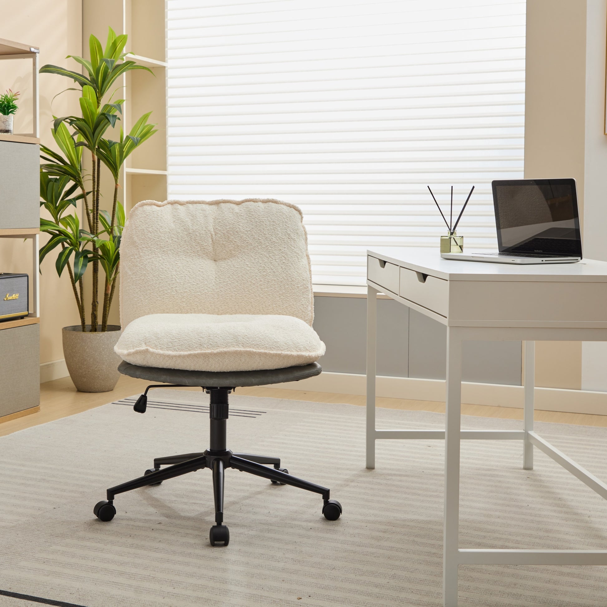 Oversize Seat Cirss Cross Chair With Wheels, Elegant Design Computer Chair, Adjustable Height 360 Rolling Swivel Home Office Chair For Small Space, Dressing Room, Living Room Gray White Dark Gray White Primary Living Space Casual Foam Pu Leather