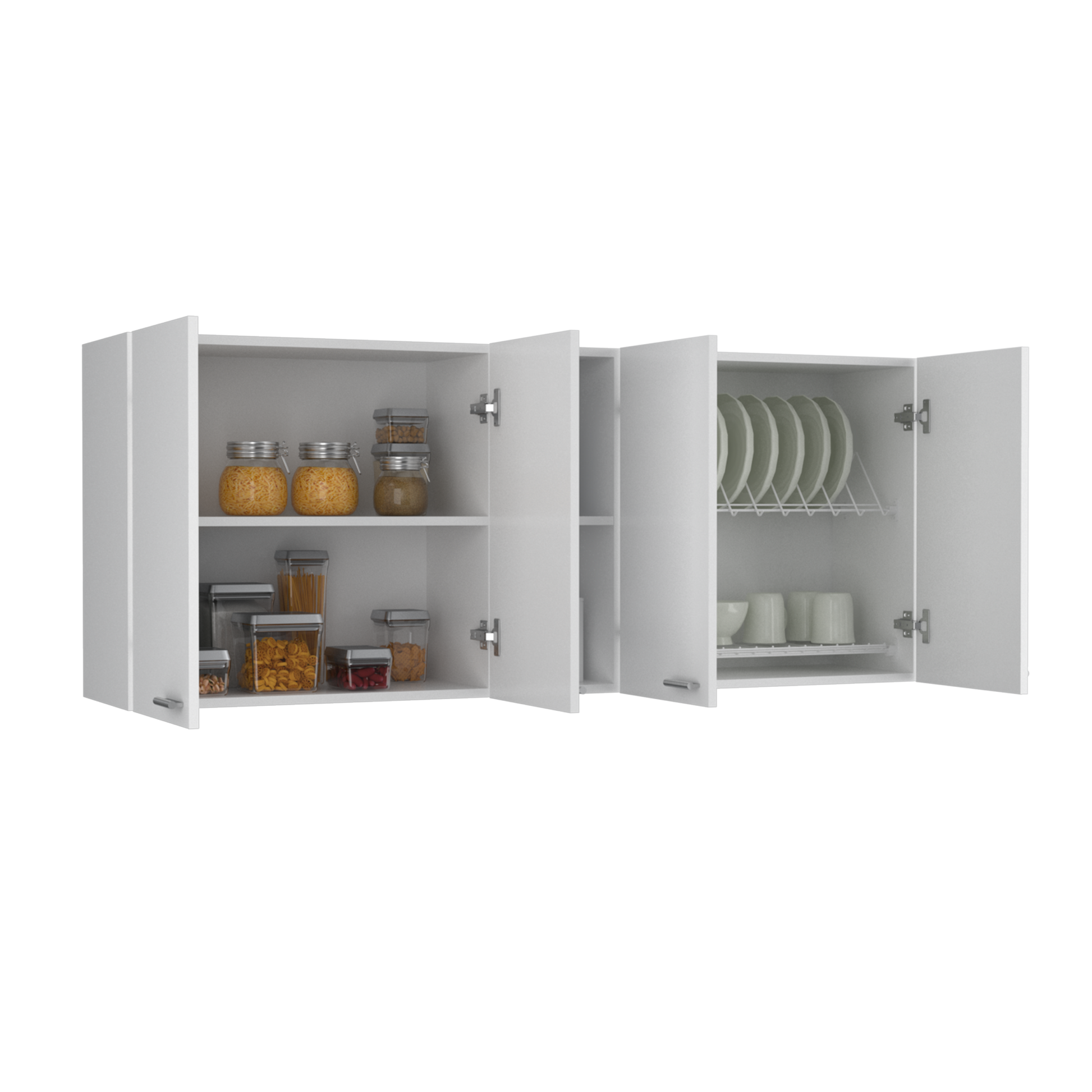 Wall Cabinet 24" H, Four Doors, Two Open Storage Shelves, Two Internal Shelves, Internal Dish And Glass Organizer, White White Particle Board Particle Board