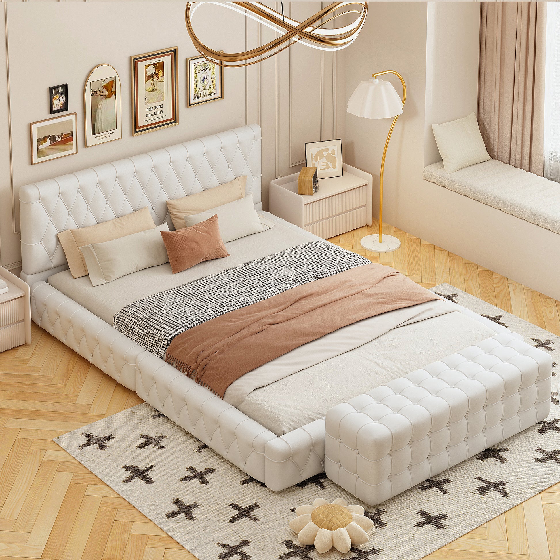 2 Pieces Bedroom Sets Queen Size Upholstered Bed With Rectangular Upholstered Ottoman For Bedroom,White Queen White 2 Piece Set Solid Wood Mdf