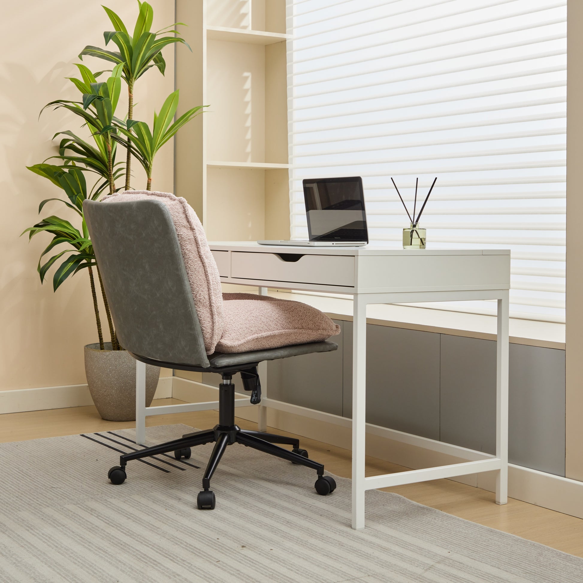 Oversize Seat Cirss Cross Chair With Wheels, Elegant Design Computer Chair, Adjustable Height 360 Rolling Swivel Home Office Chair For Small Space, Dressing Room, Living Room Gray Pink Pink Grey Primary Living Space Casual Foam Pu Leather