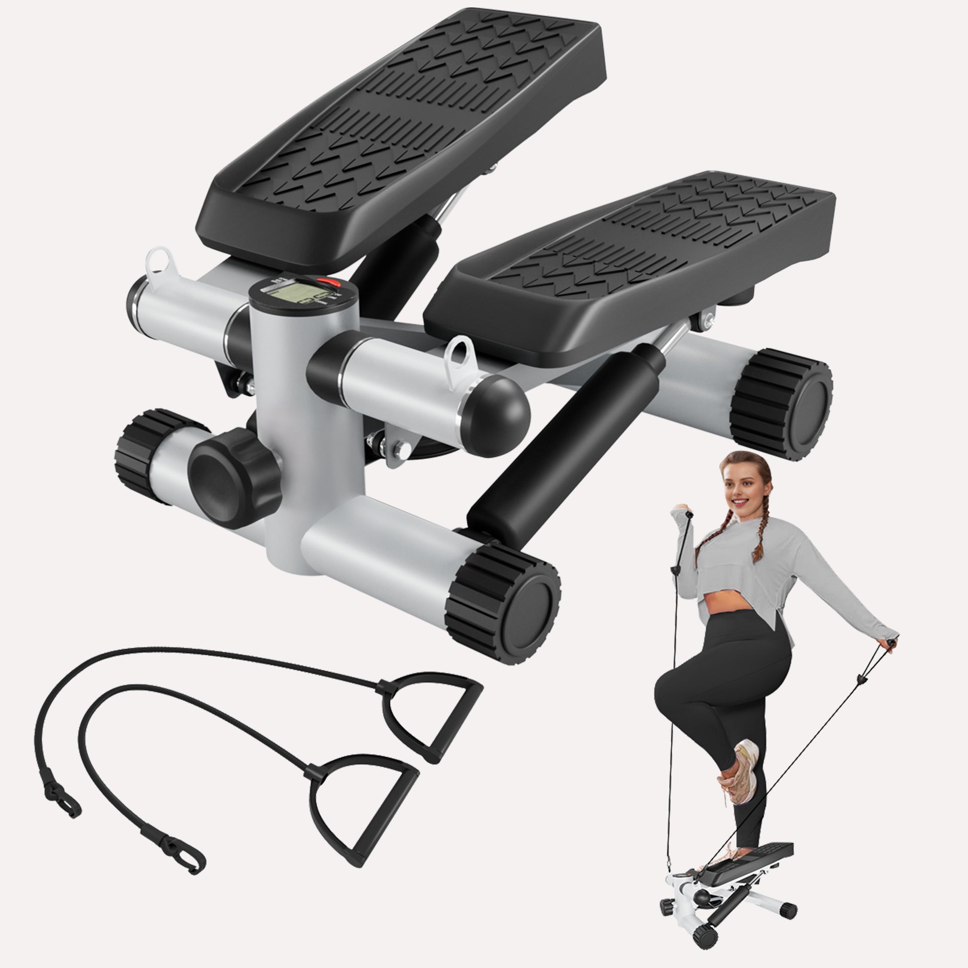 Steppers For Exercise, Stair Stepper With Resistance Bands, Mini Stepper With 330Lbs Loading Capacity, Hydraulic Fitness Stepper With Lcd Monitor, No Assembly Required Indoor Fitness White Black Durable Primary Living Space American Design,Contemporary