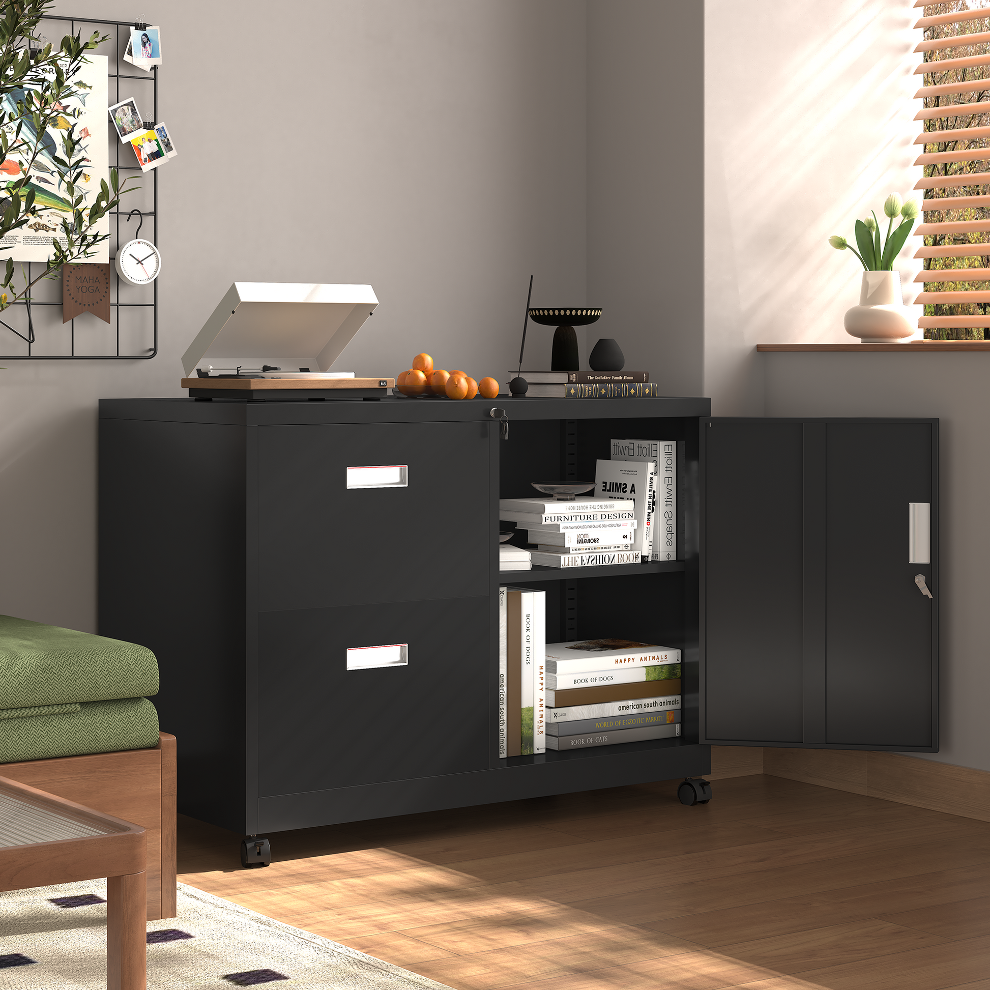 Metal Office Cabinet With 2 Drawers & Adjustable Shelves, Mobile Lateral Filing Cabinet With Lock Black Metal