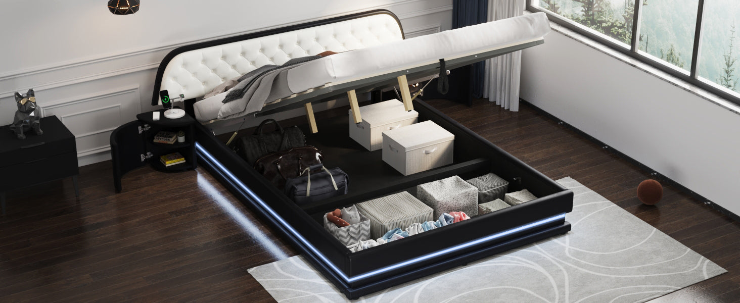 Queen Size Storage Upholstered Tufted Hydraulic Platform Bed With 2 Nightstands And Usb, Black Box Spring Not Required Queen Black Wood Bedroom Bed Frame Faux Leather Upholstered