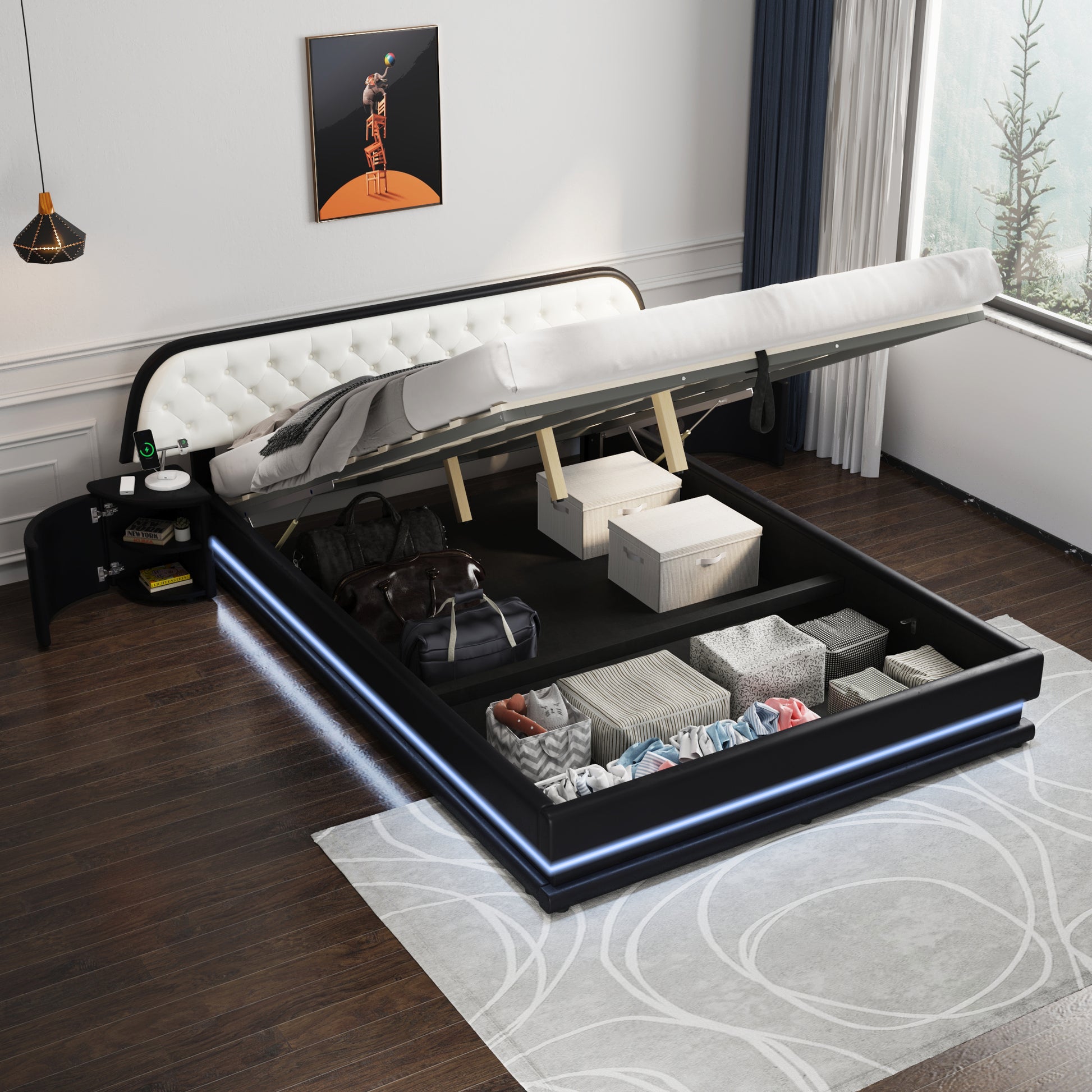 Queen Size Storage Upholstered Tufted Hydraulic Platform Bed With 2 Nightstands And Usb, Black Box Spring Not Required Queen Black Wood Bedroom Bed Frame Faux Leather Upholstered