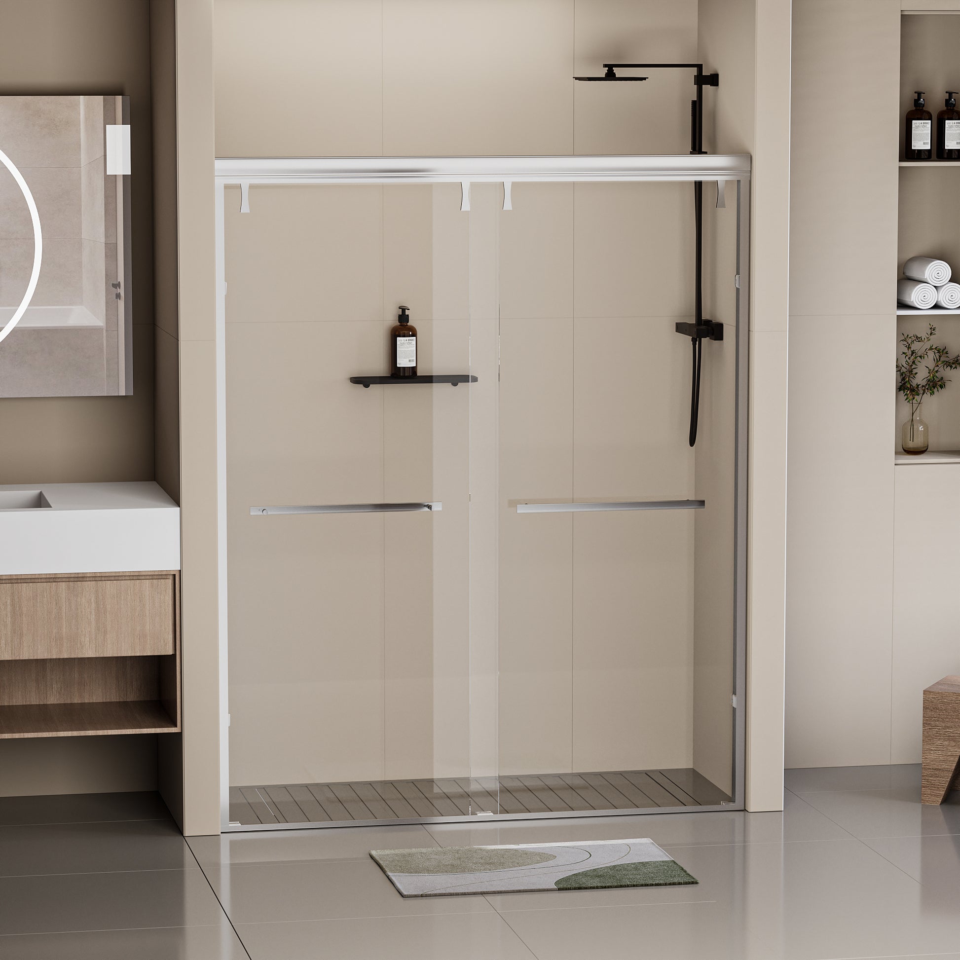 56 60 In. W X 76 In. H Semi Frameless Shower Door, Double Sliding Shower Door, 5 16" 8Mm Clear Tempered Glass Shower Door With Explosion Proof Film, Chrome 24D212 60C Chrome Bathroom Stainless Steel
