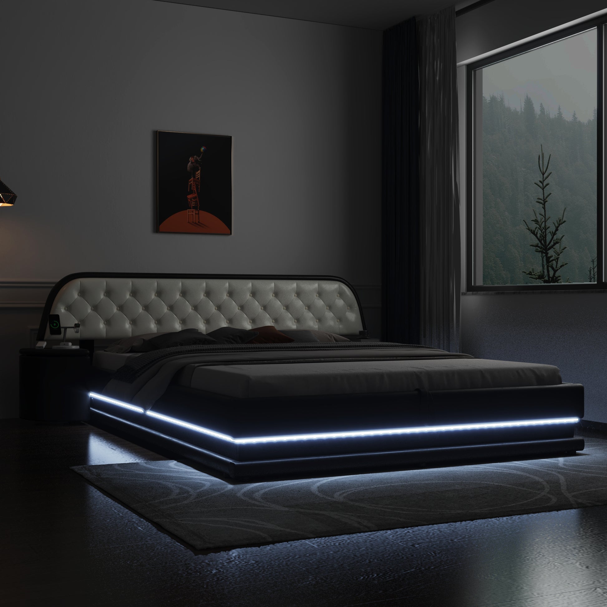 Queen Size Storage Upholstered Tufted Hydraulic Platform Bed With 2 Nightstands And Usb, Black Box Spring Not Required Queen Black Wood Bedroom Bed Frame Faux Leather Upholstered