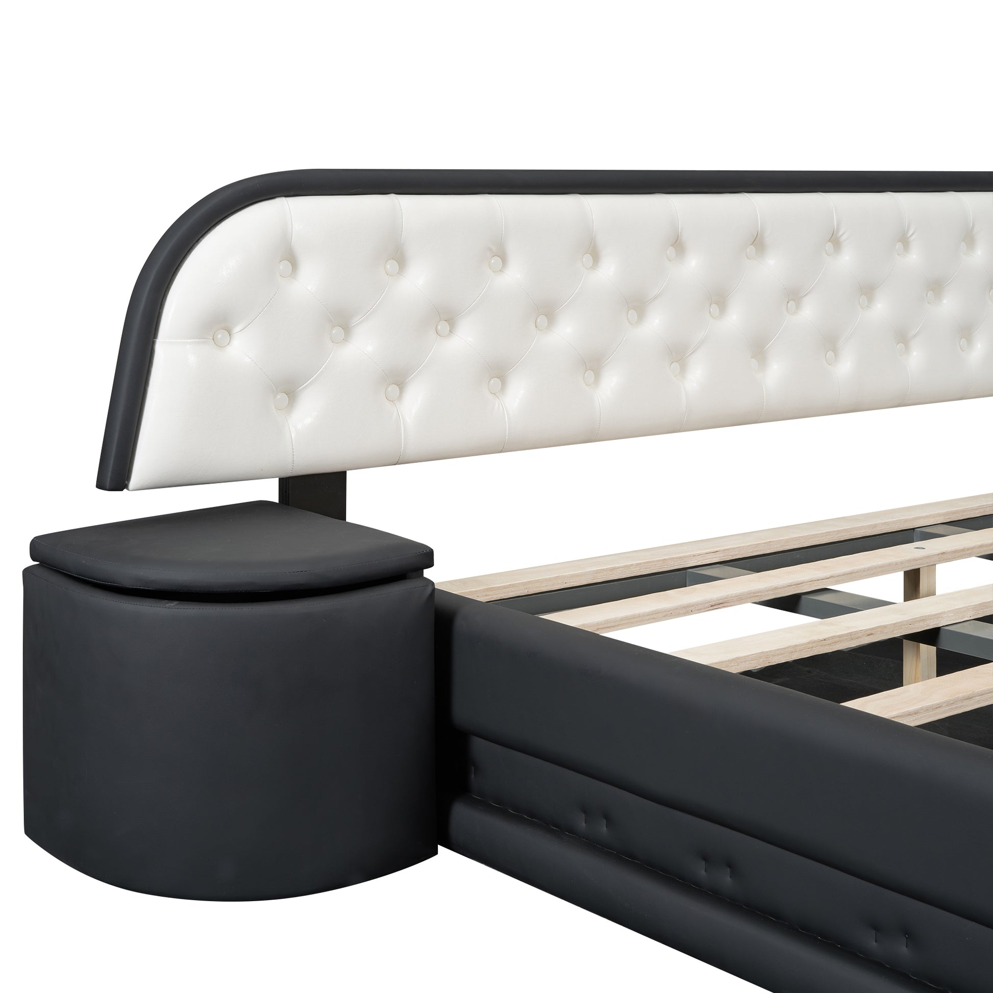 Queen Size Storage Upholstered Tufted Hydraulic Platform Bed With 2 Nightstands And Usb, Black Box Spring Not Required Queen Black Wood Bedroom Bed Frame Faux Leather Upholstered