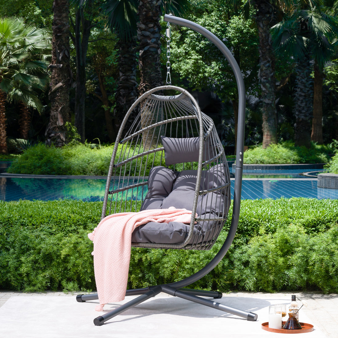 Outdoor Egg Hanging Chair With Stand, Patio Wicker Swing Egg Chair Indoor Swinging Chair Outdoor Hammock Egg Chair Black Gray Rust Resistant Frame Mildew Resistant Cushion Garden & Outdoor Modern Polyester Pe Rattan Iron Waterproof Fabric