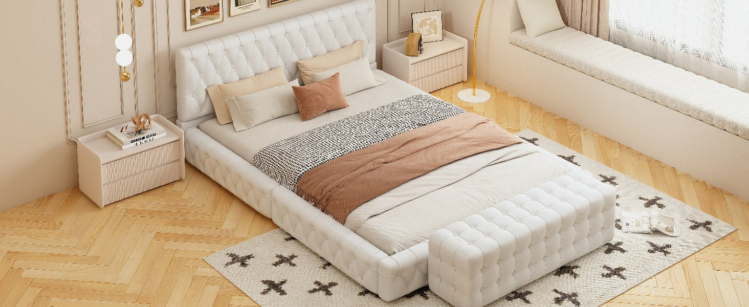 2 Pieces Bedroom Sets Queen Size Upholstered Bed With Rectangular Upholstered Ottoman For Bedroom,White Queen White 2 Piece Set Solid Wood Mdf