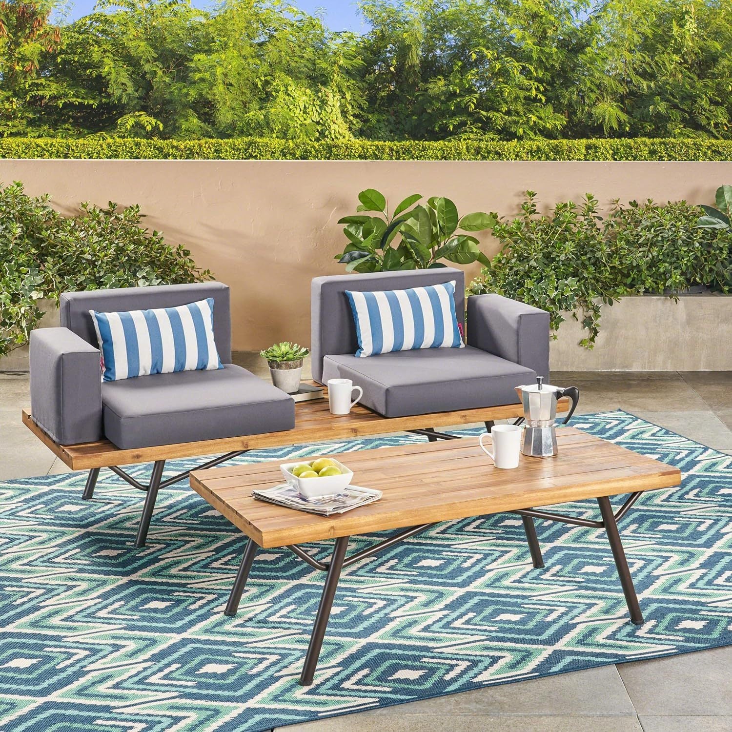 Canoga Outdoor Industrial Loveseat With Coffee Table Natural Grey Fabric