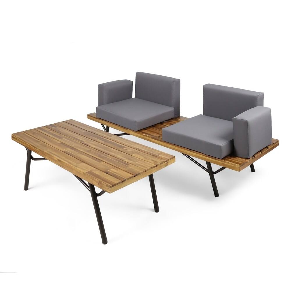 Canoga Outdoor Industrial Loveseat With Coffee Table Natural Grey Fabric