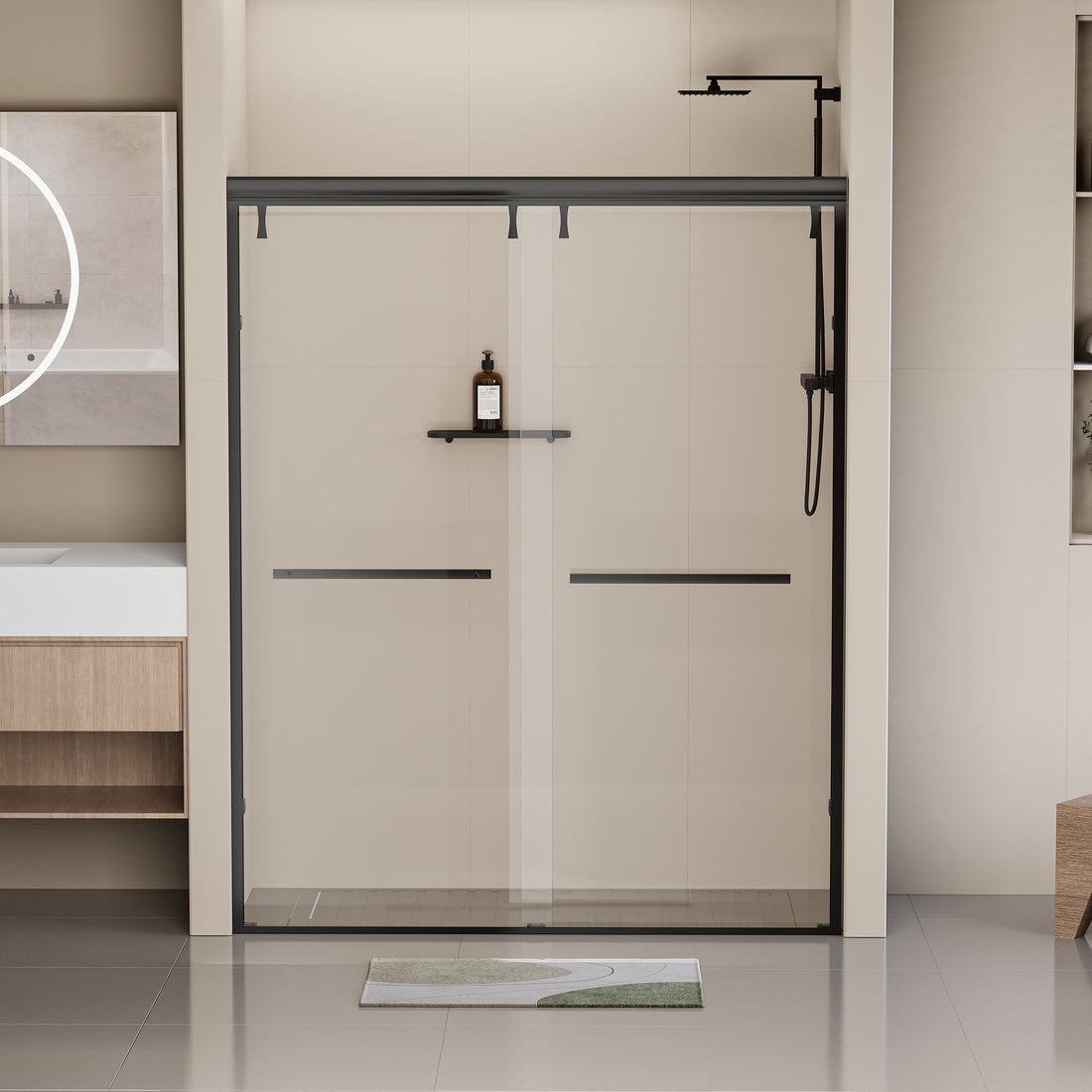 56 60 In. W X 76 In. H Semi Frameless Shower Door, Double Sliding Shower Door, 5 16" 8Mm Clear Tempered Glass Shower Door With Explosion Proof Film, Matte Black 24D212 60Mb Matte Black Bathroom Stainless Steel