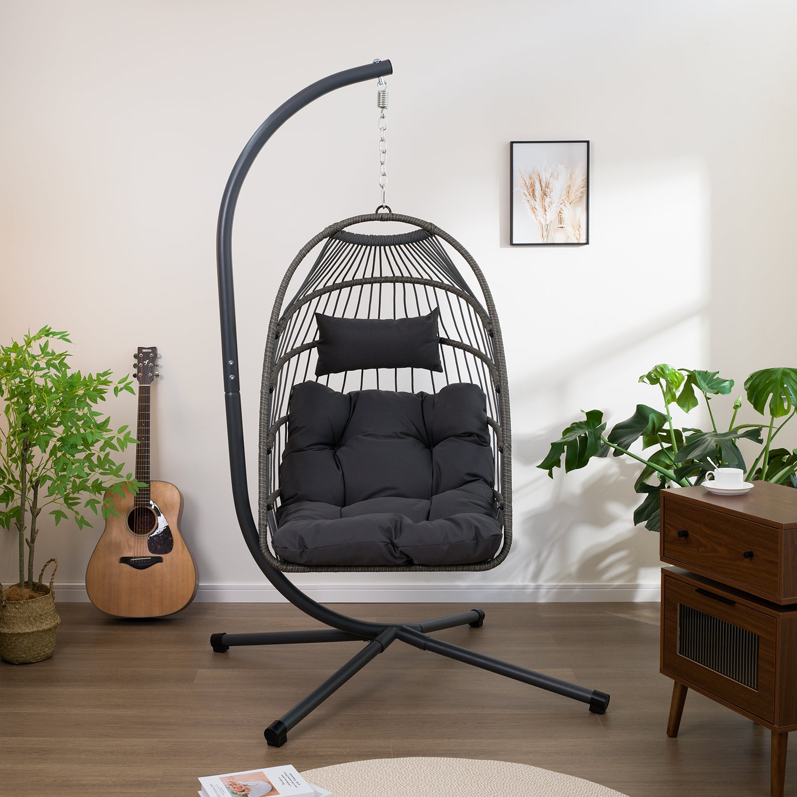 Outdoor Egg Hanging Chair With Stand, Patio Wicker Swing Egg Chair Indoor Swinging Chair Outdoor Hammock Egg Chair Black Gray Rust Resistant Frame Mildew Resistant Cushion Garden & Outdoor Modern Polyester Pe Rattan Iron Waterproof Fabric