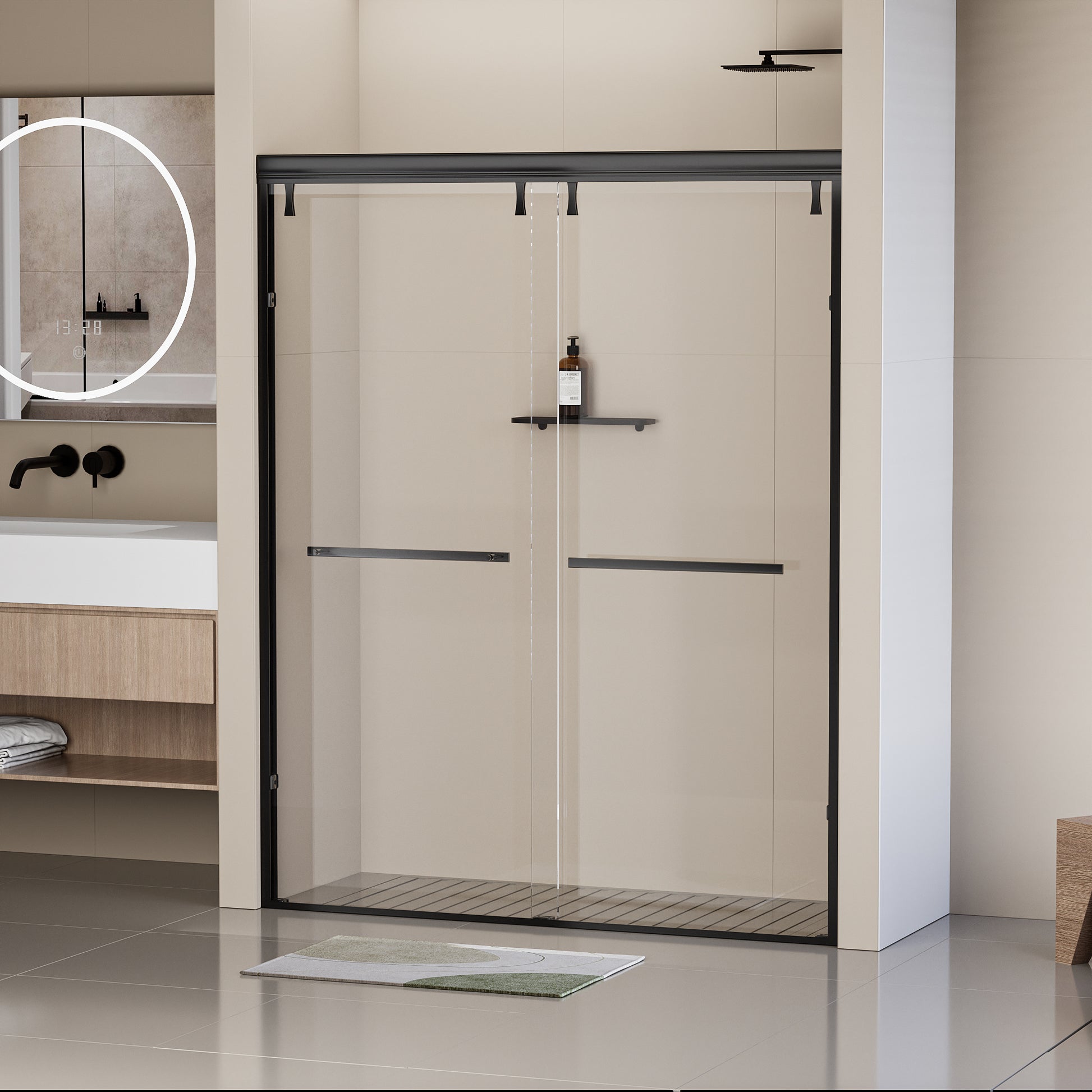 56 60 In. W X 76 In. H Semi Frameless Shower Door, Double Sliding Shower Door, 5 16" 8Mm Clear Tempered Glass Shower Door With Explosion Proof Film, Matte Black 24D212 60Mb Combo Matte Black Aluminium Alloy