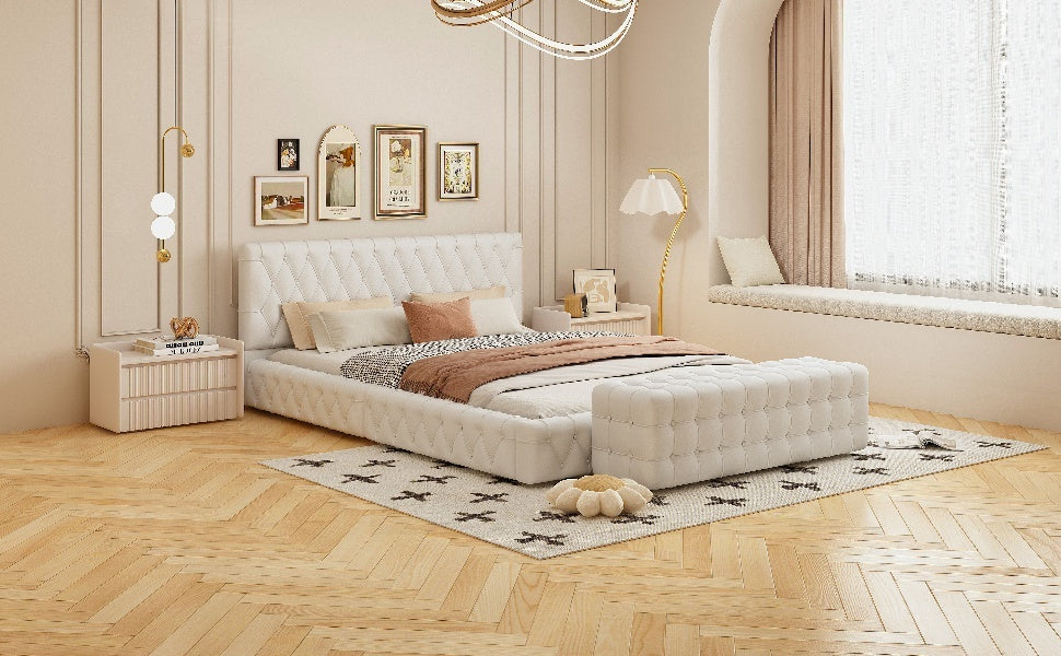 2 Pieces Bedroom Sets Queen Size Upholstered Bed With Rectangular Upholstered Ottoman For Bedroom,White Queen White 2 Piece Set Solid Wood Mdf