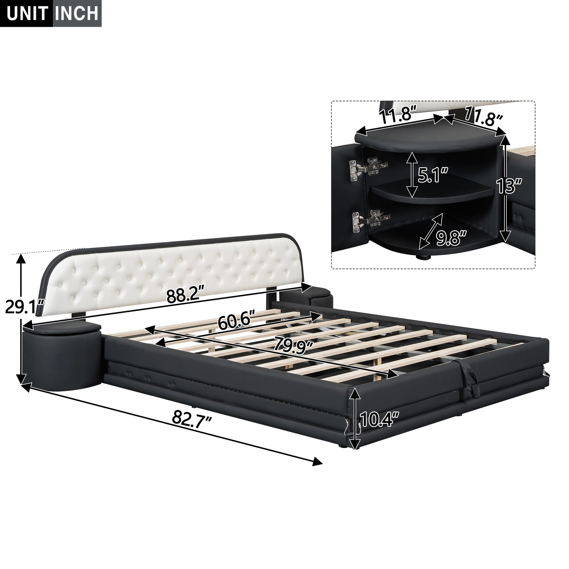 Queen Size Storage Upholstered Tufted Hydraulic Platform Bed With 2 Nightstands And Usb, Black Box Spring Not Required Queen Black Wood Bedroom Bed Frame Faux Leather Upholstered