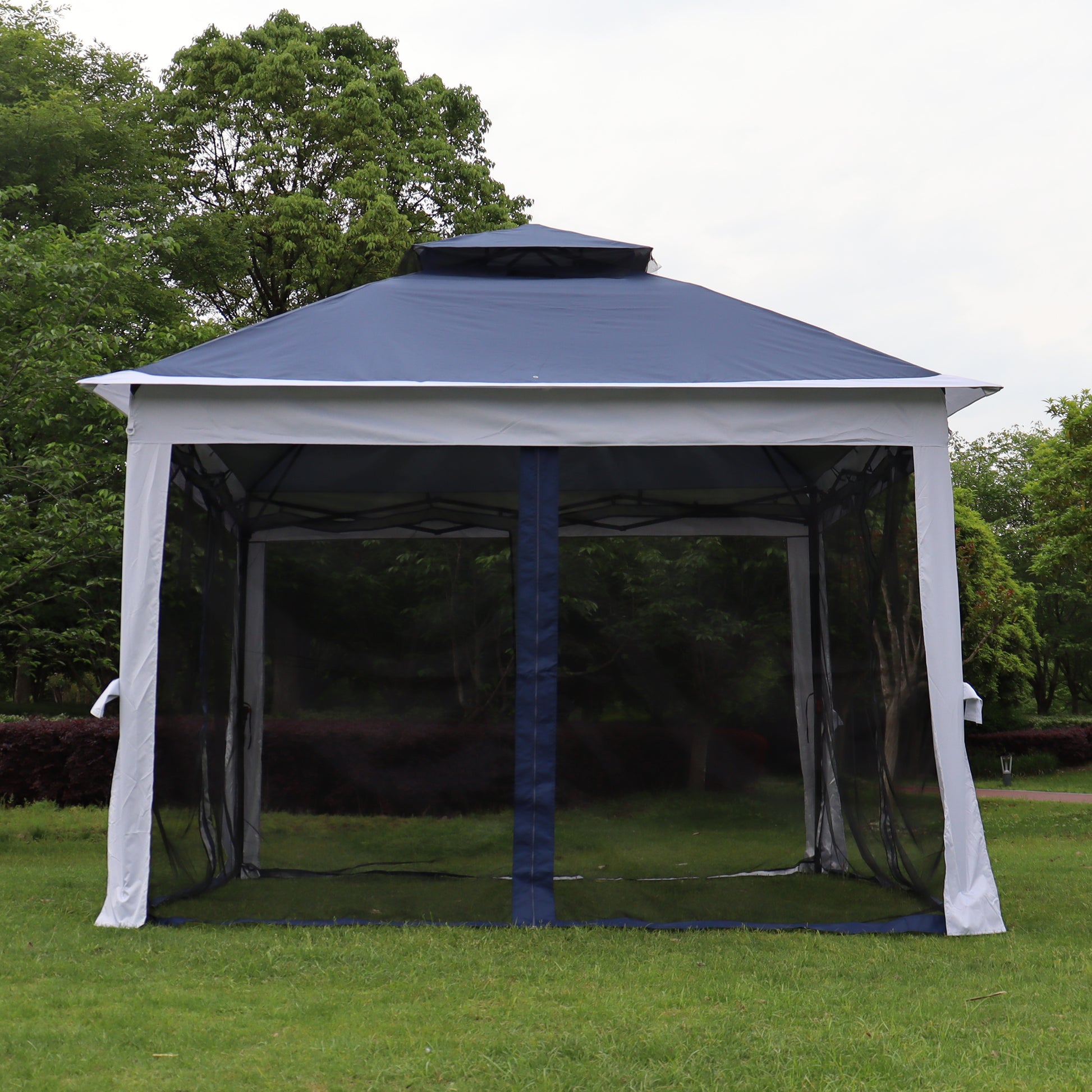 Outdoor 11X 11Ft Pop Up Gazebo Canopy With Removable Zipper Netting,2 Tier Soft Top Event Tent,Suitable For Patio Backyard Garden Camping Area,Blue Blue Metal