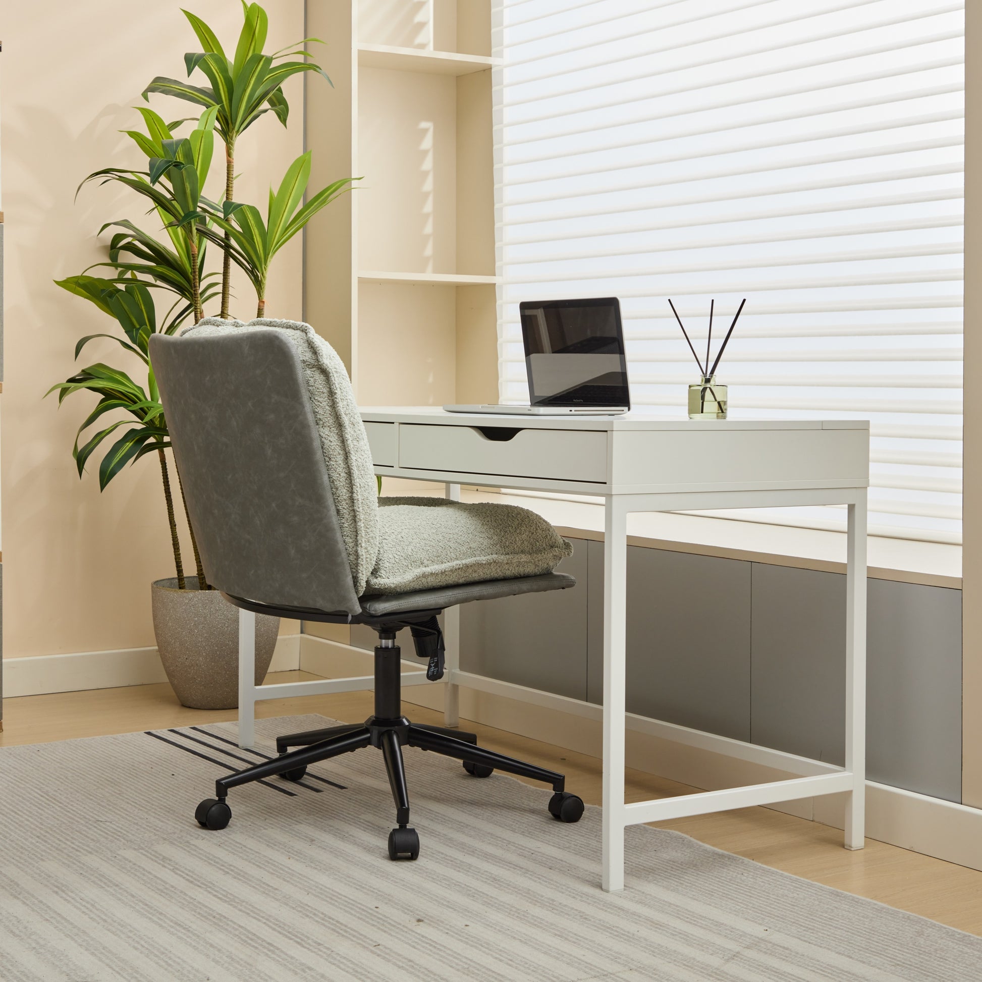Oversize Seat Cirss Cross Chair With Wheels, Elegant Design Computer Chair, Adjustable Height 360 Rolling Swivel Home Office Chair For Small Space, Dressing Room, Living Room Gray Green Gray Primary Living Space Casual Foam Pu Leather