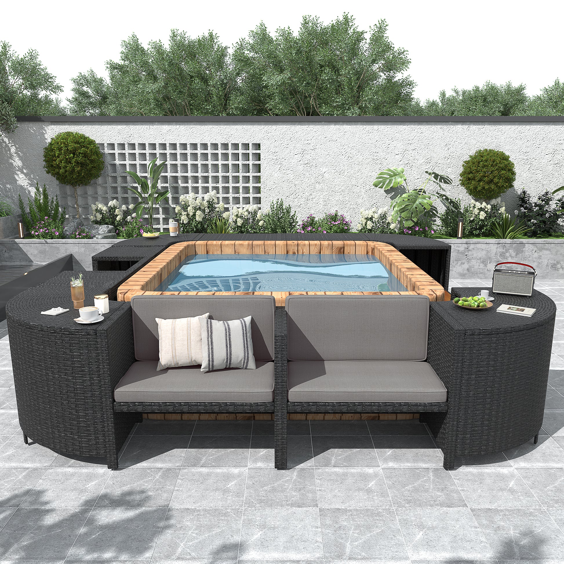 Spa Surround Spa Frame Quadrilateral Outdoor Rattan Sectional Sofa Set With Mini Sofa, Wooden Seats And Storage Spaces, Grey Yes Grey Water Resistant Frame Water Resistant Cushion Garden & Outdoor Sectional Seating Groups Foam Rattan Waterproof Fabric