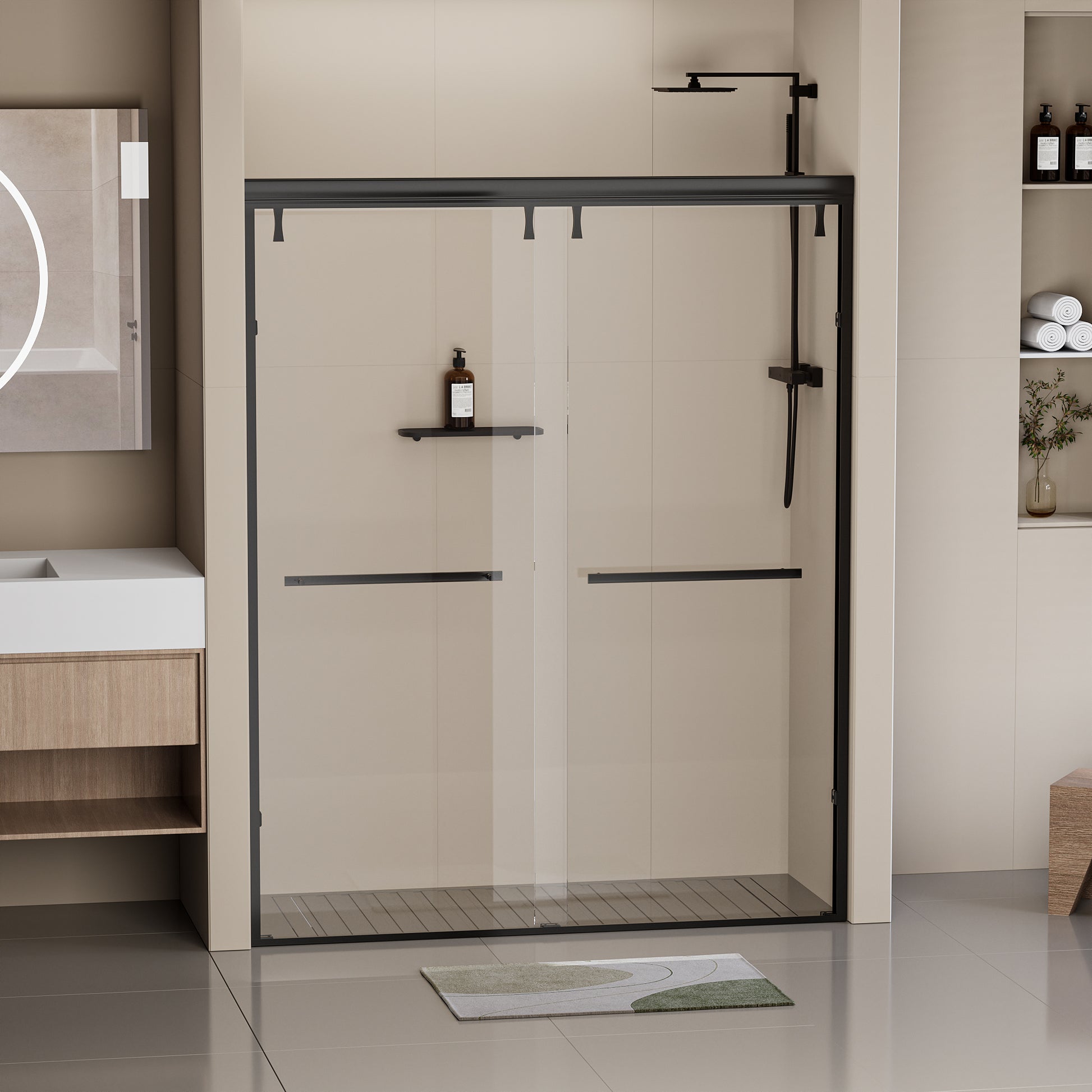 56 60 In. W X 76 In. H Semi Frameless Shower Door, Double Sliding Shower Door, 5 16" 8Mm Clear Tempered Glass Shower Door With Explosion Proof Film, Matte Black 24D212 60Mb Combo Matte Black Aluminium Alloy