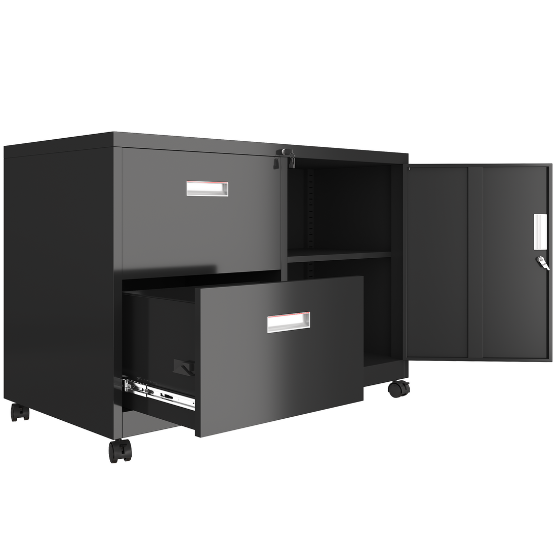 Metal Office Cabinet With 2 Drawers & Adjustable Shelves, Mobile Lateral Filing Cabinet With Lock Black Metal