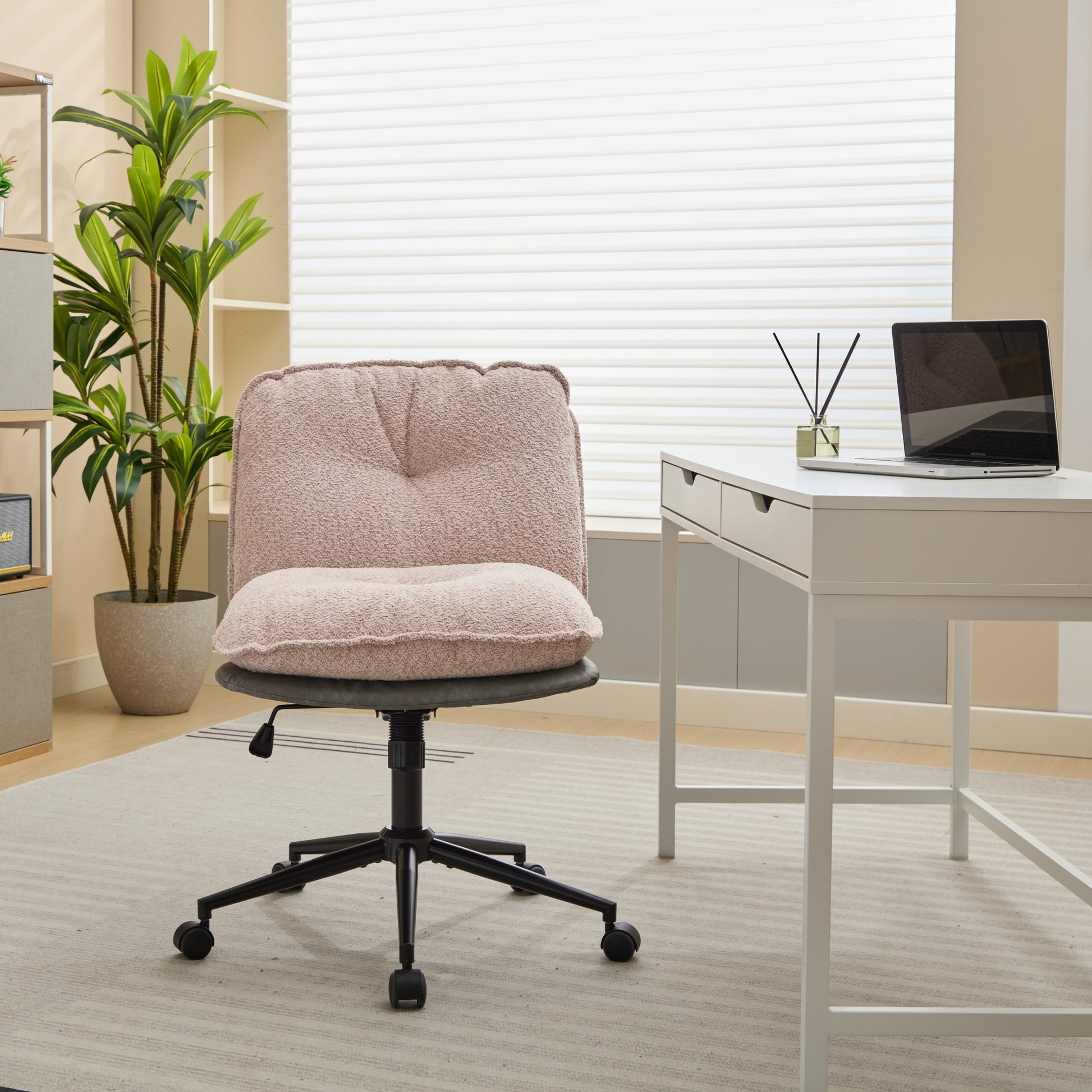 Oversize Seat Cirss Cross Chair With Wheels, Elegant Design Computer Chair, Adjustable Height 360 Rolling Swivel Home Office Chair For Small Space, Dressing Room, Living Room Gray Pink Pink Grey Primary Living Space Casual Foam Pu Leather