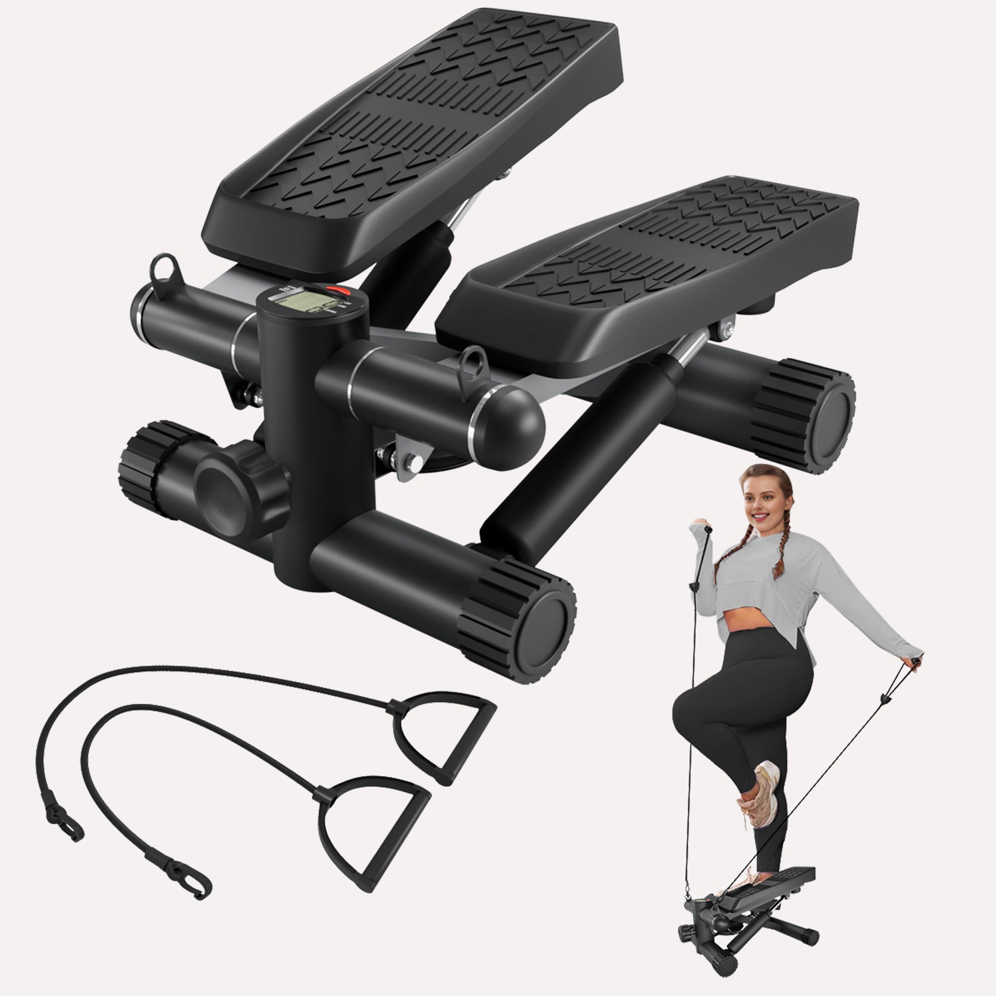 Steppers For Exercise, Stair Stepper With Resistance Bands, Mini Stepper With 330Lbs Loading Capacity, Hydraulic Fitness Stepper With Lcd Monitor, No Assembly Required Black Durable Primary Living Space Contemporary Body Building Abs Rubber Steel Q235