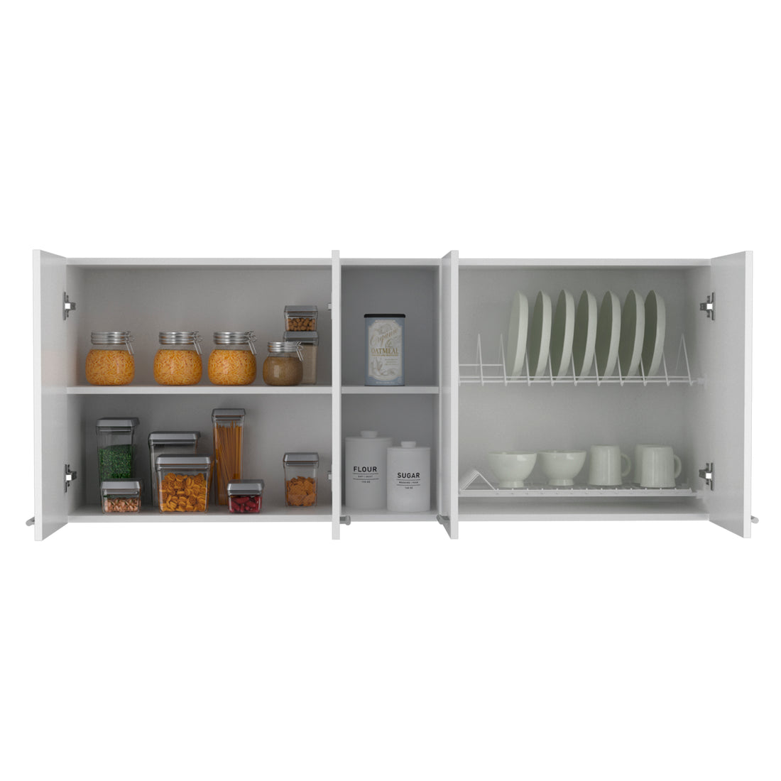 Wall Cabinet 24" H, Four Doors, Two Open Storage Shelves, Two Internal Shelves, Internal Dish And Glass Organizer, White White Particle Board Particle Board