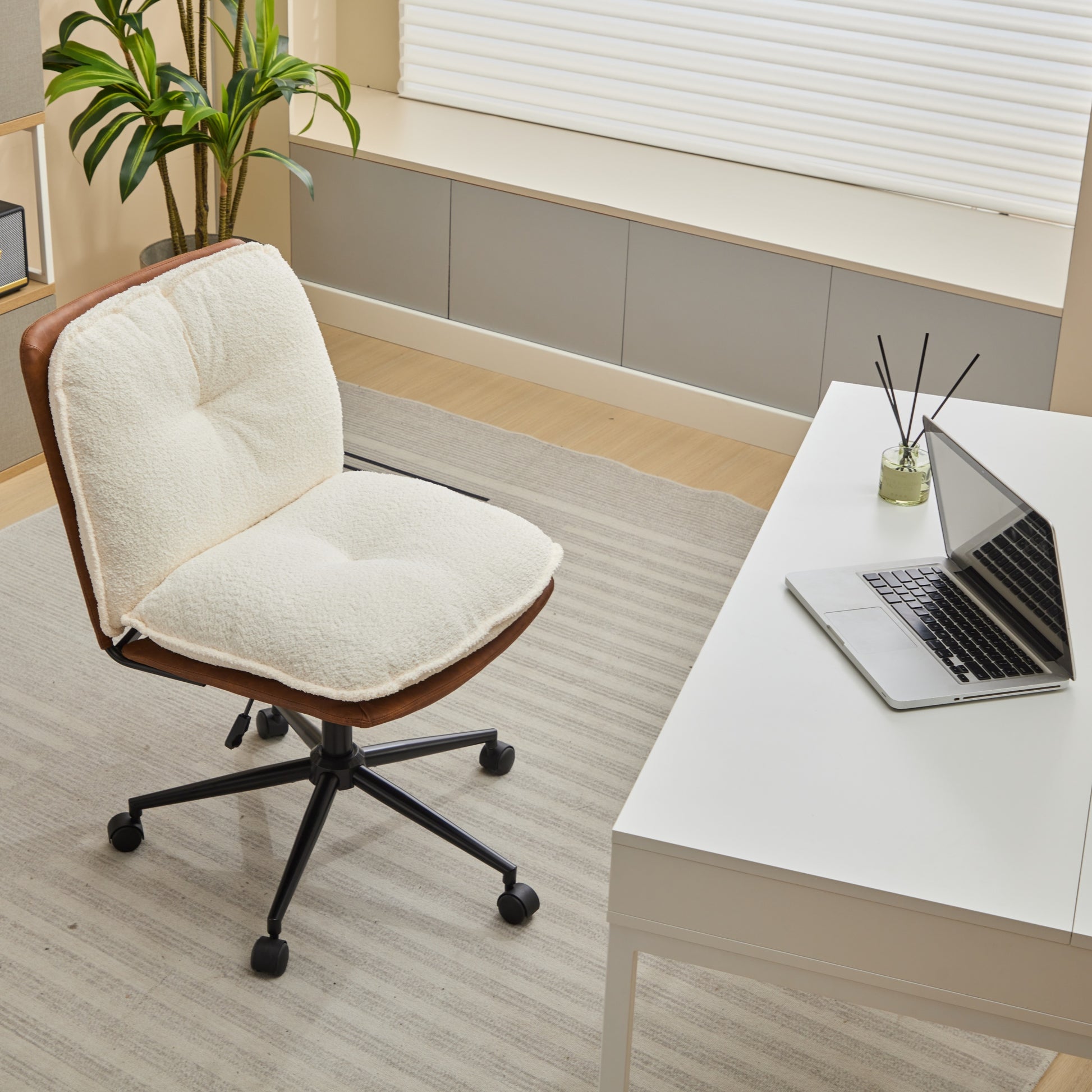 Oversize Seat Cirss Cross Chair With Wheels, Elegant Design Computer Chair, Adjustable Height 360 Rolling Swivel Home Office Chair For Small Space, Dressing Room, Living Room Brown White Dark Brown White Primary Living Space Casual Foam Pu Leather