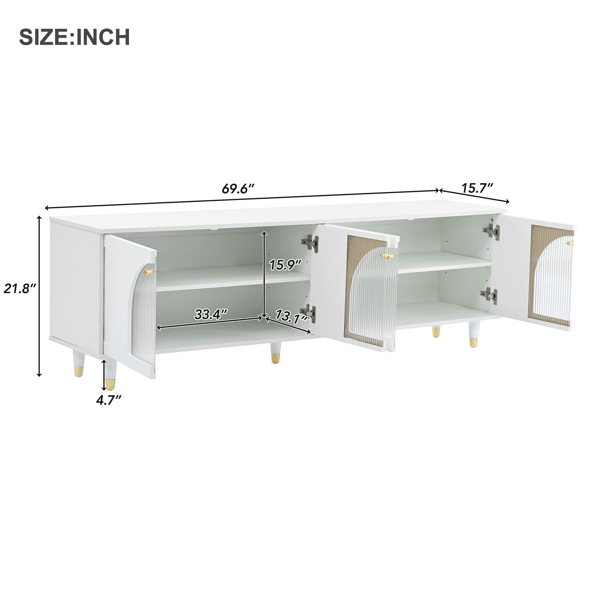 Contemporary Tv Stand With Adjustable Shelves For Tvs Up To 78'', Stylish Media Console With Gold Handles And Arch Fluted Glass Doors, Delicate Entertainment Center For Living Room, White White Primary Living Space 70 79 Inches 70 79 Inches Particle