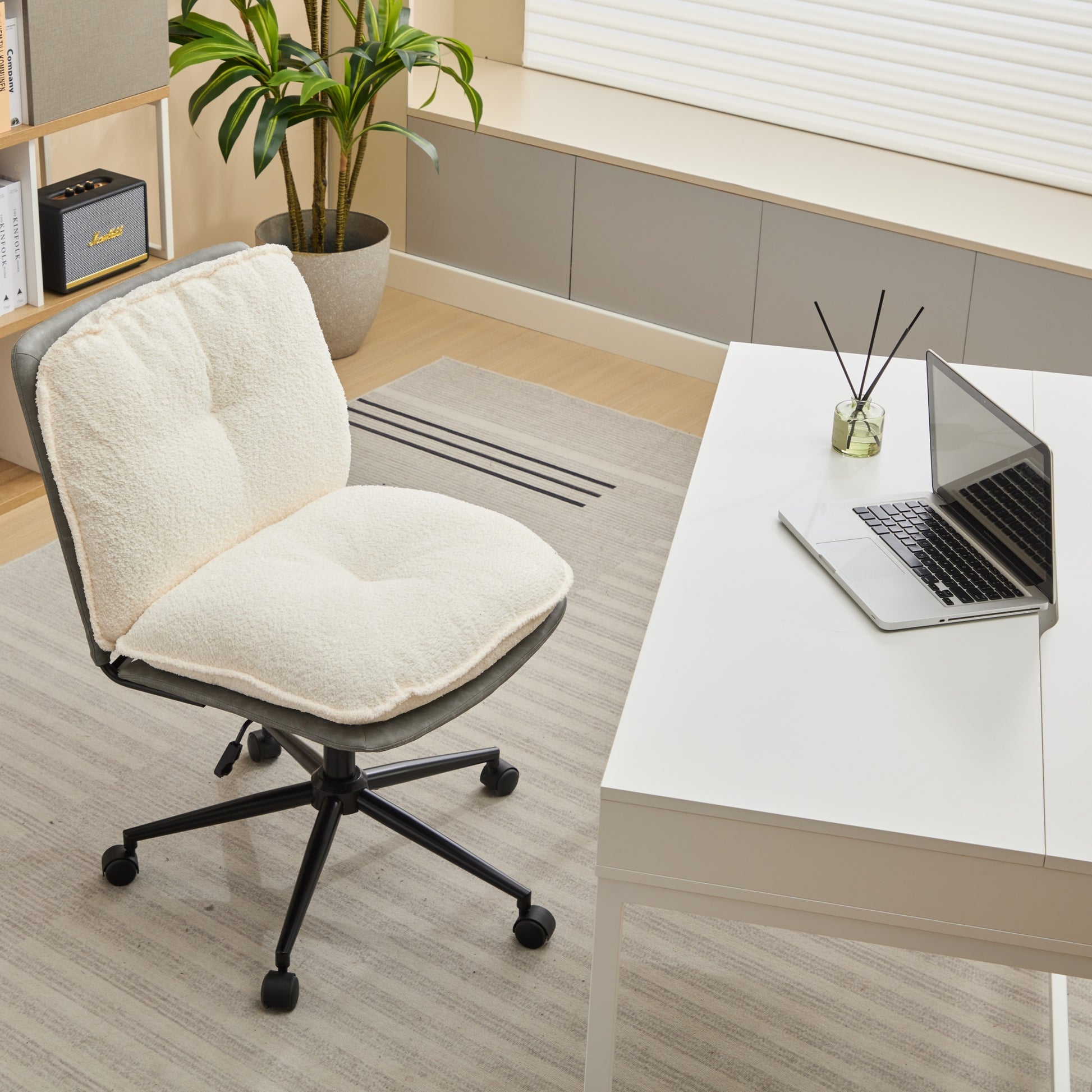 Oversize Seat Cirss Cross Chair With Wheels, Elegant Design Computer Chair, Adjustable Height 360 Rolling Swivel Home Office Chair For Small Space, Dressing Room, Living Room Gray White Dark Gray White Primary Living Space Casual Foam Pu Leather
