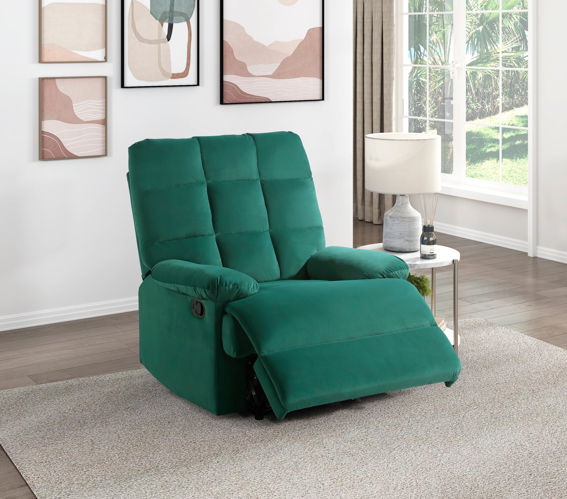 Reclining Chair Green Velvet Upholstery Square Tufted Back Pillowtop Arms Solid Wood Furniture Modern Living Room Recliner 1Pc Green Velvet Wood Primary Living Space Cushion Back Modern Pillow Top Arms Velvet