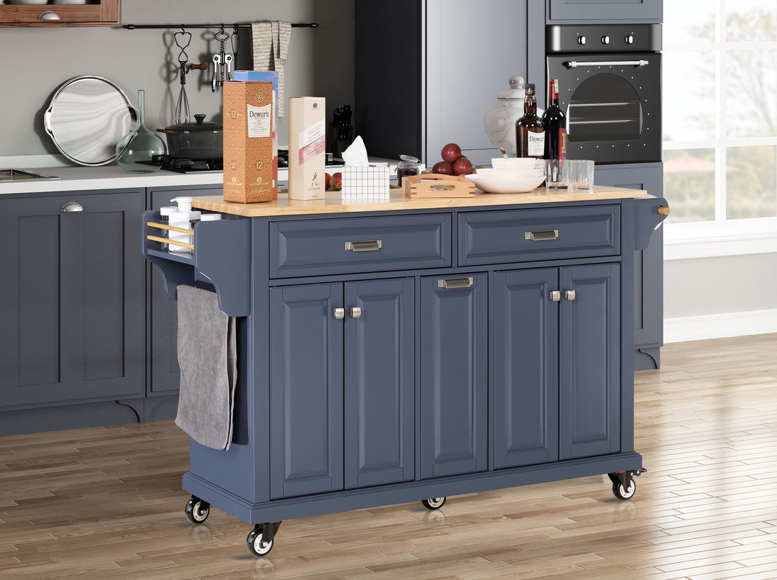 Kitchen Island With Rubber Wood Countertop, Kitchen Cart On 5 Wheels With Storage Cabinet And 2 Top Drawers And A Center Double Layered Storage Drawer For Dinning Room, Blue Blue Dining Room Rectangular Rubberwood Solid Wood Mdf Large 56 In