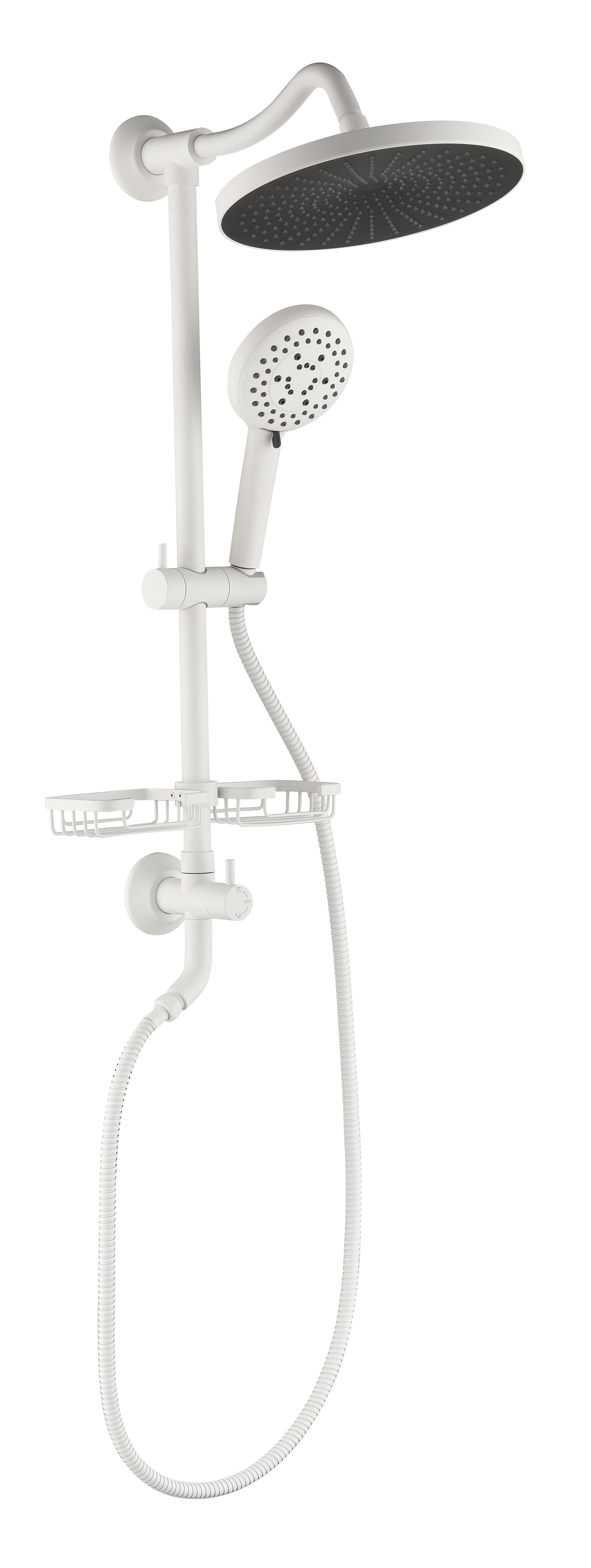 Showerspas Shower System, With 10" Rain Showerhead, 4 Function Hand Shower, Adjustable Slide Bar And Soap Dish White Bathroom Brass